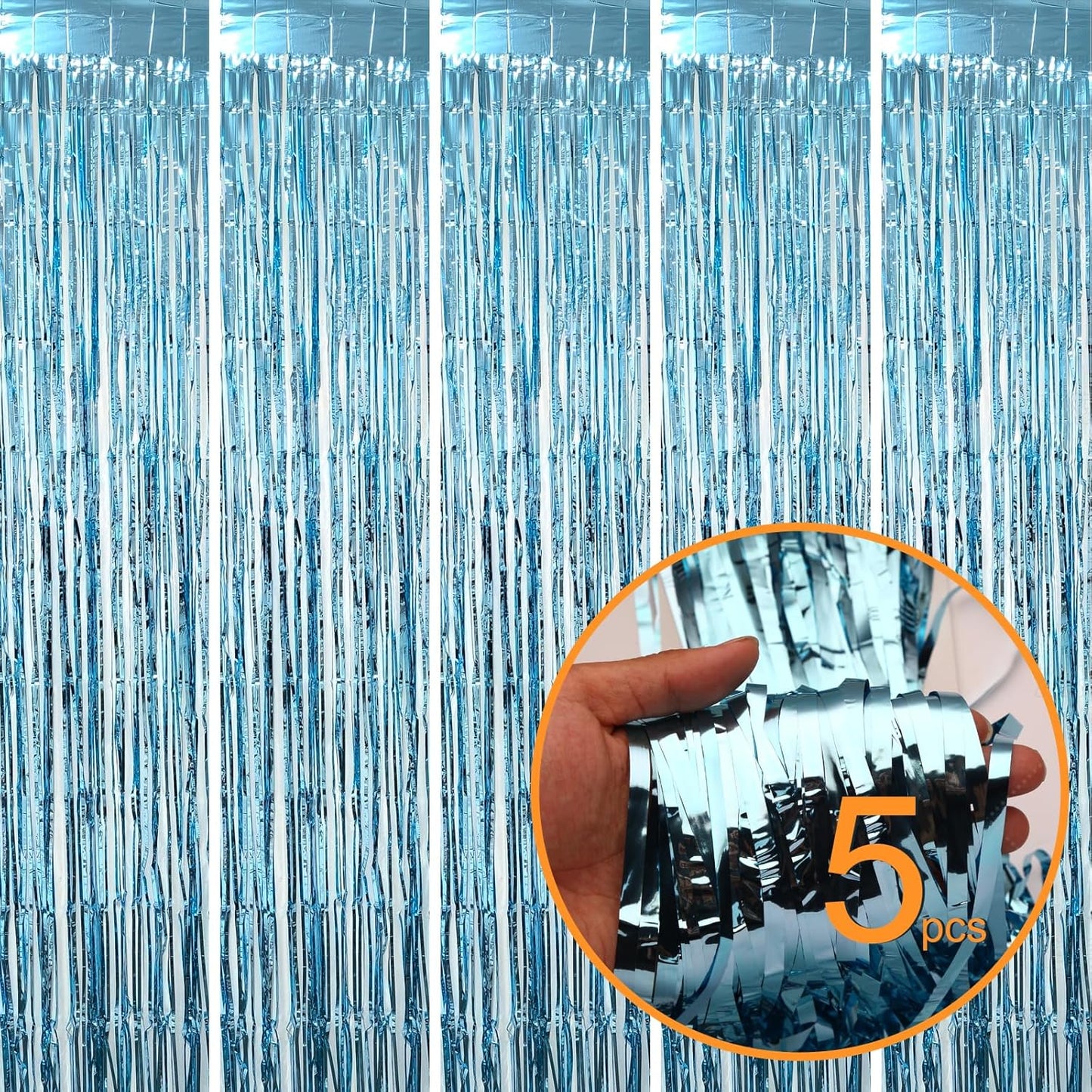 5 Pack Light Blue Foil Curtain Backdrop Metallic Tinsel Foil Fringe Curtains Photo Booth Props for Birthday Wedding Engagement Bachelorette Christmas Holiday Celebration Party Decorations Supplies