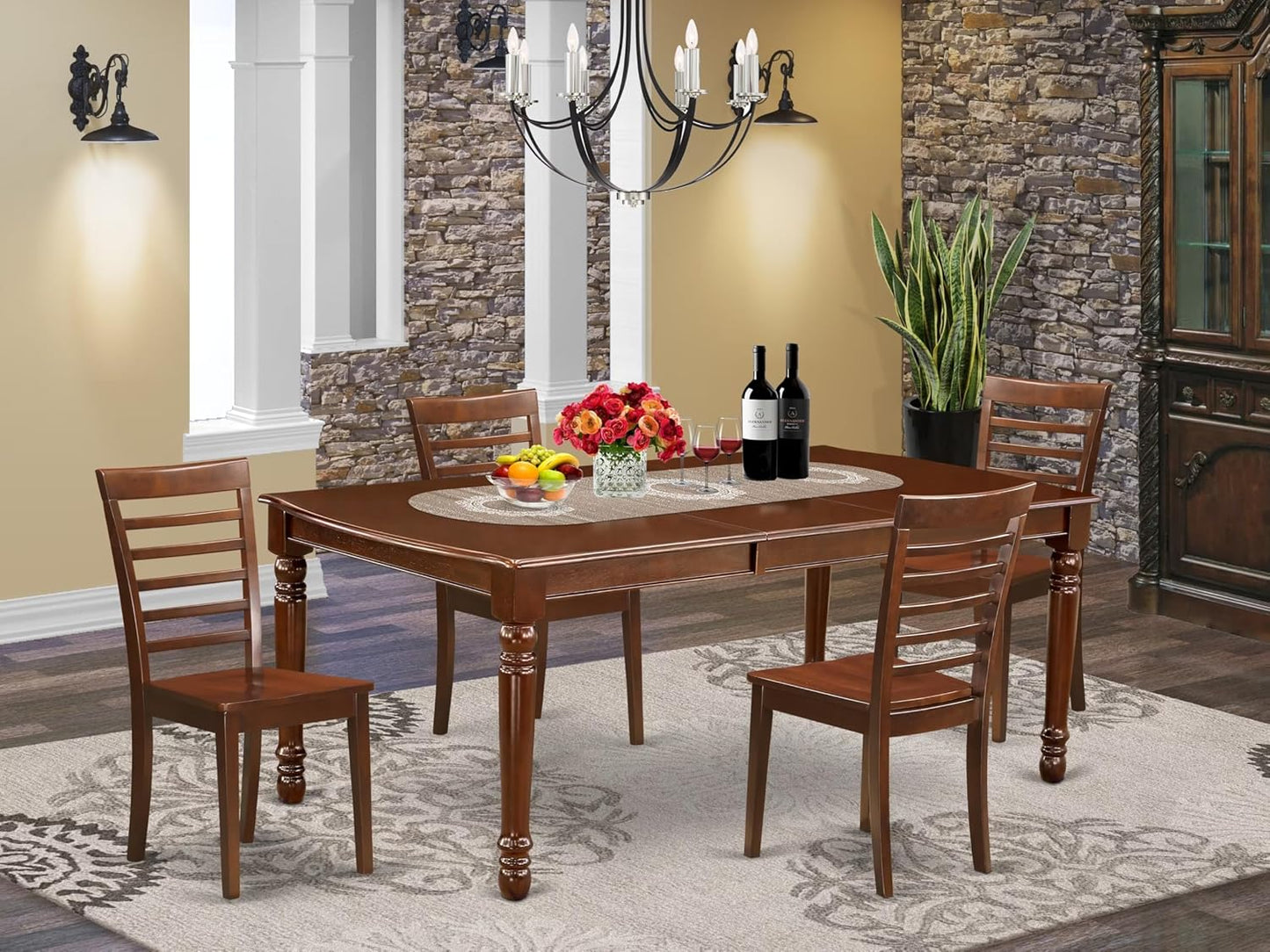 East West Furniture DOML5-MAH-W 5 Piece Dinette Set for 4 Includes a Rectangle Dining Room Table with Butterfly Leaf and 4 Dining Chairs, 42x78 Inch, Mahogany