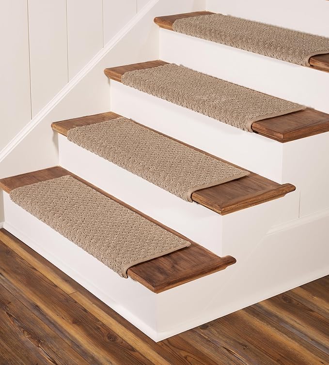Oak Valley Designs™ Rounded Bullnose Carpet Stair Treads, Anti Slip Indoor Stair Mats for Wooden Stairs - Style: Bayside Charm, Wood Grain 31" W X 9.75" D (Set of 4)