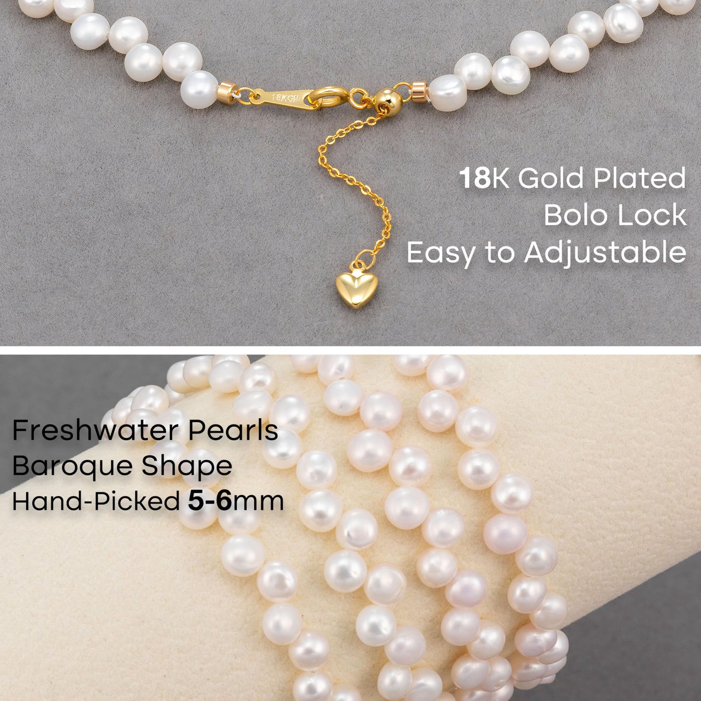 Pearl Bracelets for Women Charm Dainty Freshwater Baroque Pearls Strand Bracelets with Adjustable 18K Gold Plated Link Trendy Jewelry Gifts for Women(Side-Drilled, 5-6mm, 18K GP Bolo Lock)