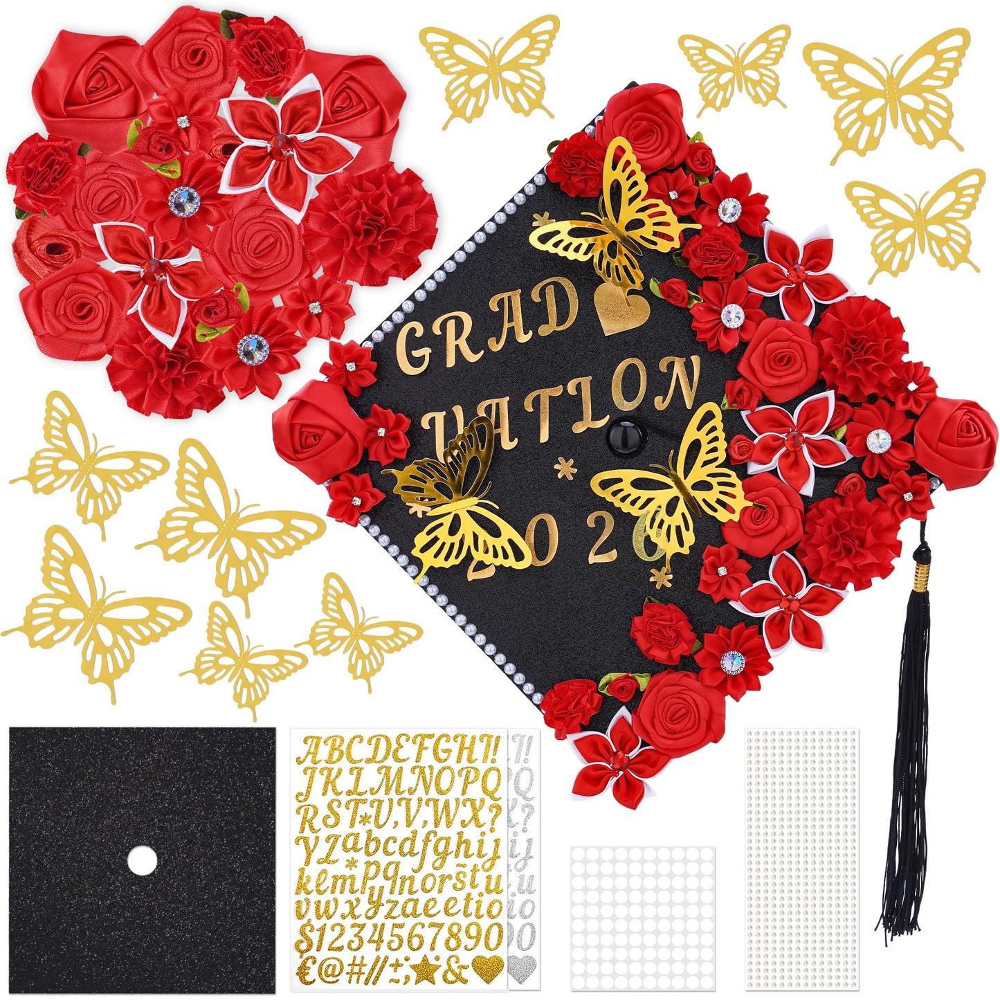 VISSTREE DIY Graduation Cap Decoration, 56 Pcs Cap Decorations for Graduation Kit 2026 DIY Grad Cap Graduation Gift with Red Paper Flowers 3D Glitter Butterfly Custom Number Letter Stickers Decor