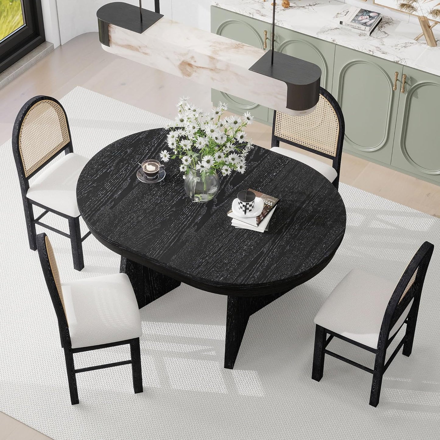 Ball & Cast Retro 5 Pieces Dining Table Set with 4 Upholstered Chairs,Kitchen Table and Chairs for 4 W/ 58" Round Extendable Kitchen Desk,for Small Space,Apartment,Dining Room,Espresso