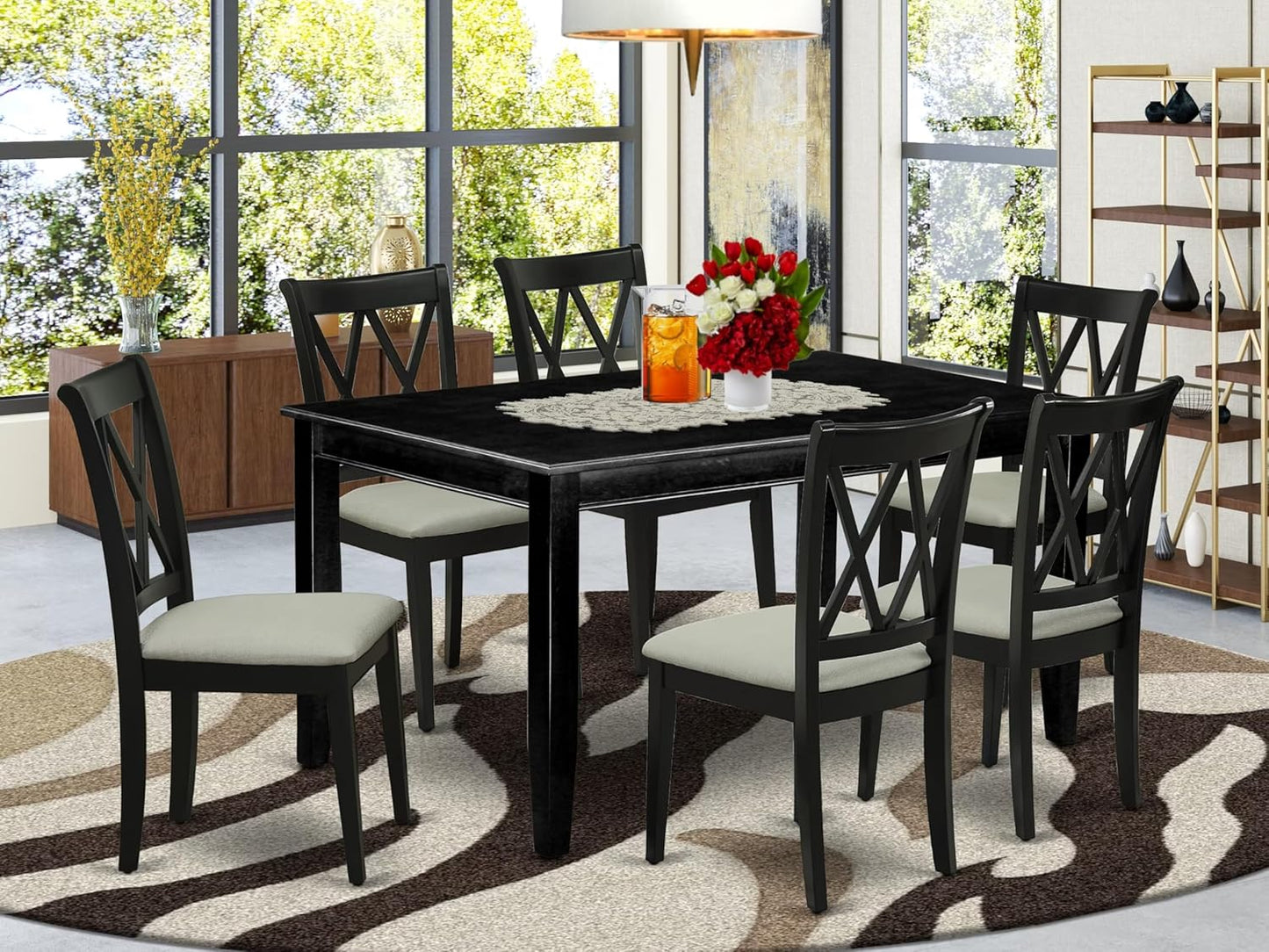 East West Furniture DUCL7-BLK-C 7 Piece Dining Room Furniture Set Consist of a Rectangle Dining Table and 6 Linen Fabric Upholstered Chairs, 36x60 Inch, Black