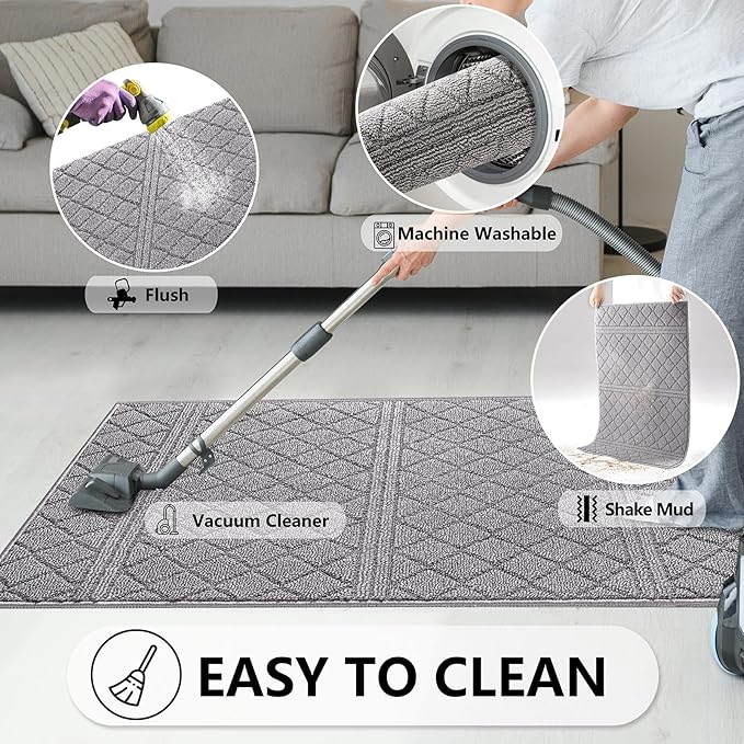 REFETONE Indoor Doormat, Front Back Door Mat 20"x32" Rubber Backing Non Slip Mats, Absorbent Resist Dirt Entrance Rugs for Entryway, Washable Low-Profile Inside Floor Mat for Muddy Wet Shoes, Grey