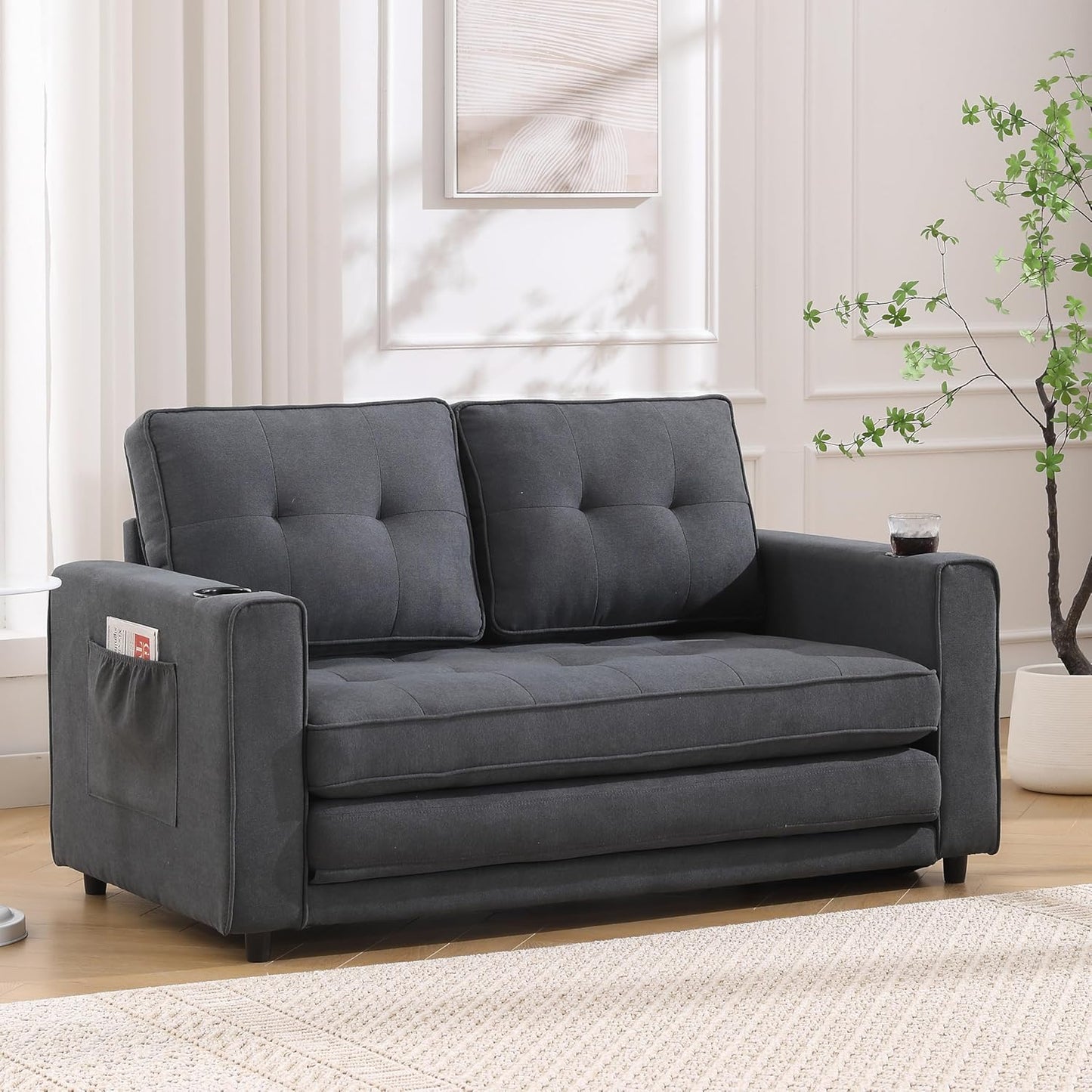 ERYE 3 Fold Tufted Upholstered Futon Sofa Bed Modern Convertible Foldable Floor Loveseat Sofabed with Pull Out Sleeper Couch Daybed W/Cupholders and Pockets for Living Room