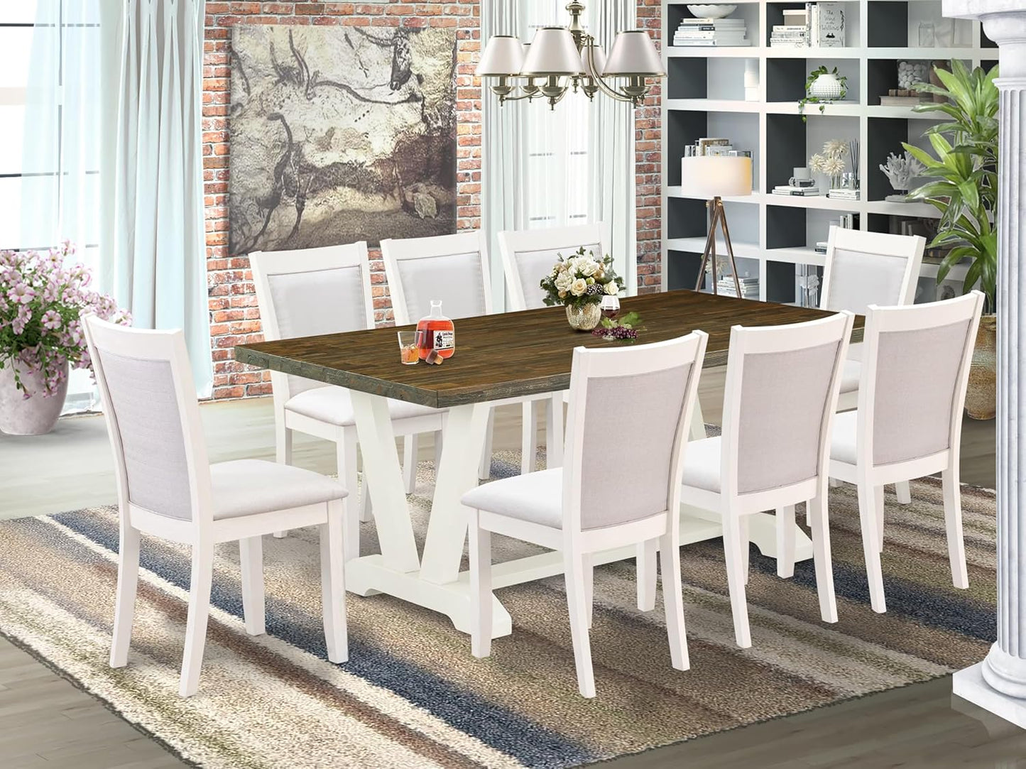 East West Furniture V077MZ001-9 9 Piece Modern Dining Table Set Includes a Rectangle Wooden Table with V-Legs and 8 Cream Linen Fabric Parson Dining Chairs, 40x72 Inch, Multi-Color