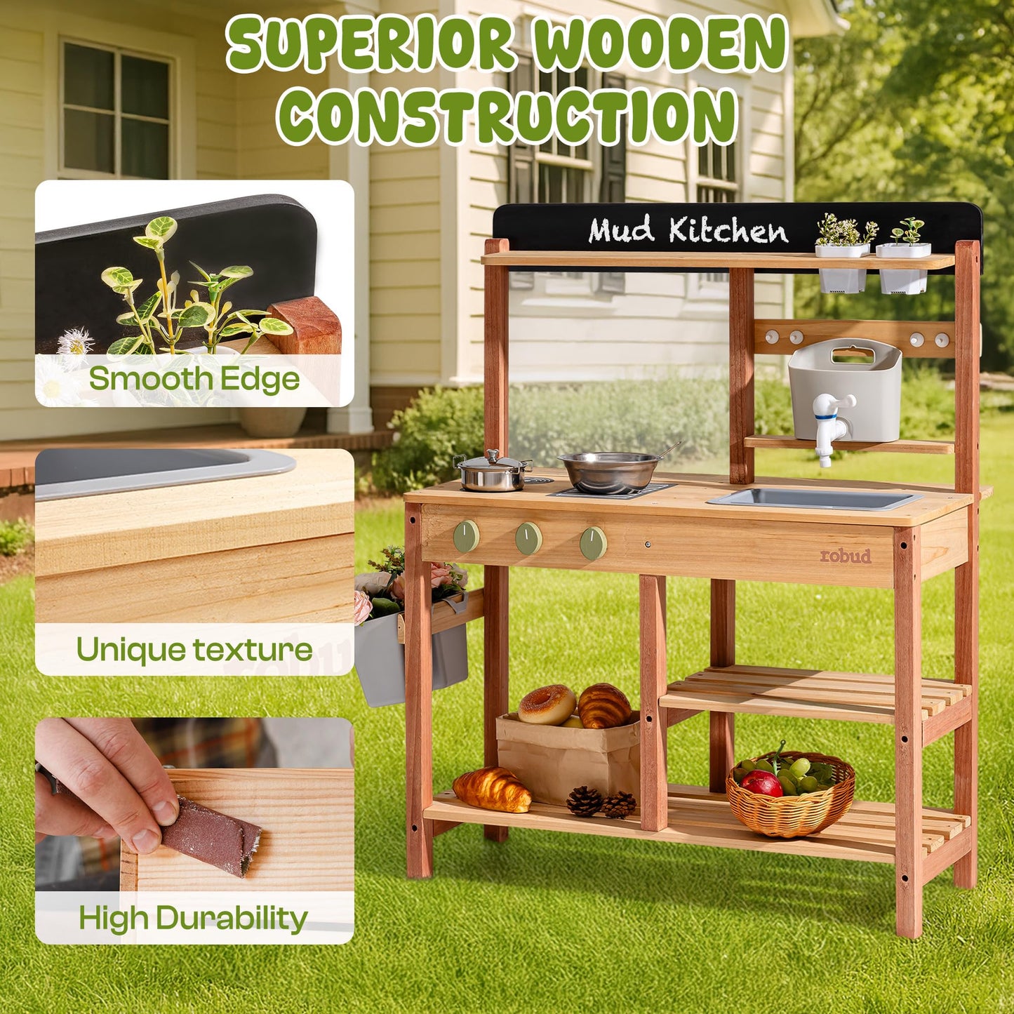 Robud Wooden Mud Kitchen for Kids, Outdoor Pretend Play Kitchen Set with Running Water Sink, Faucet, Planting Pots & Cooking Accessories, Educational Outdoor Toy Gift for Boys & Girls Ages 3+
