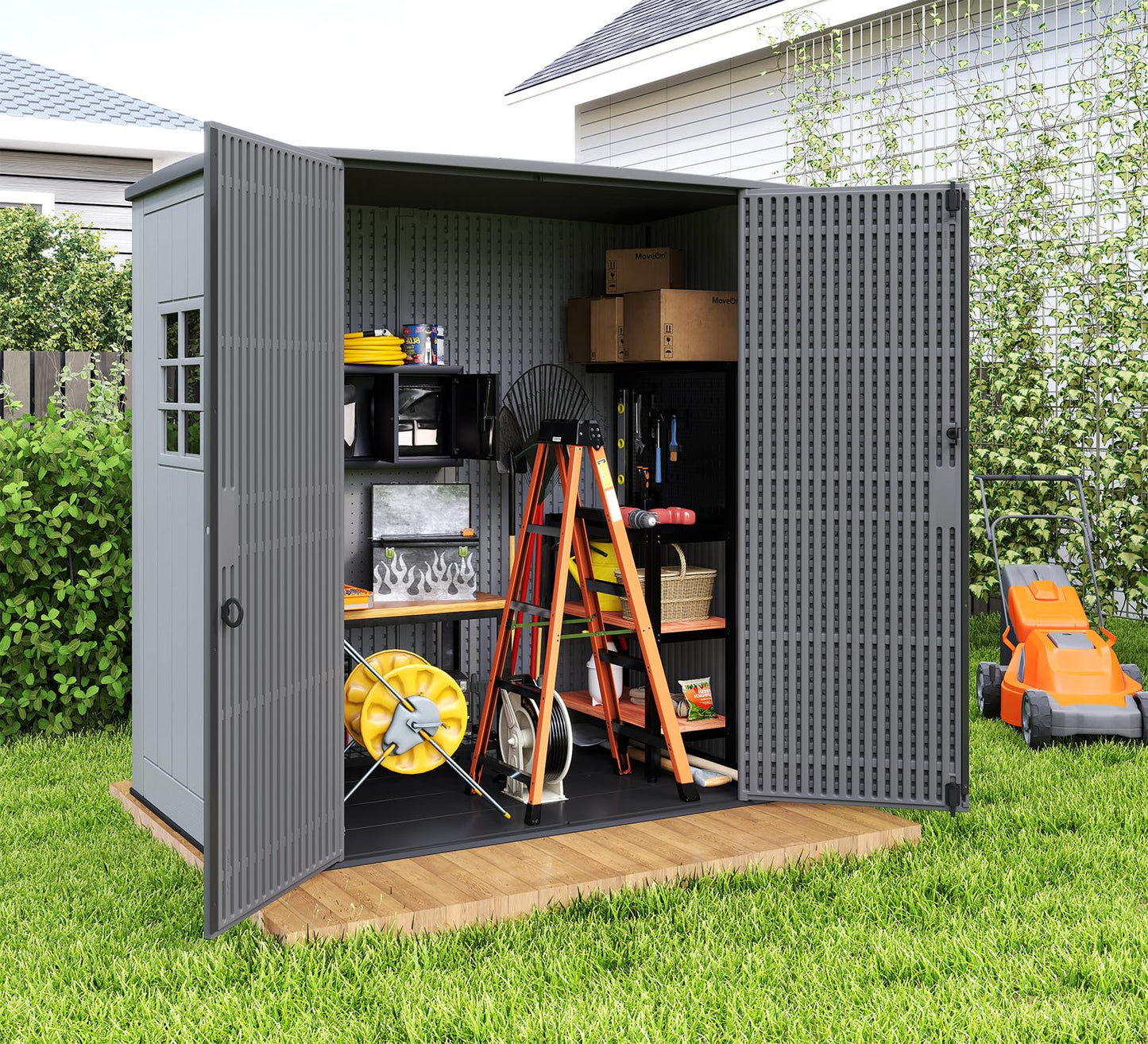 ZZM Outdoor Storage Shed 6x4 Ft, All-Weather Resistant Resin Garden Sheds & Outdoor Storage Clearance with Floor and Windows, Double-layer Plastic Tool Shed for Backyard, Patio & Lawn (Gray,Flat Roof)