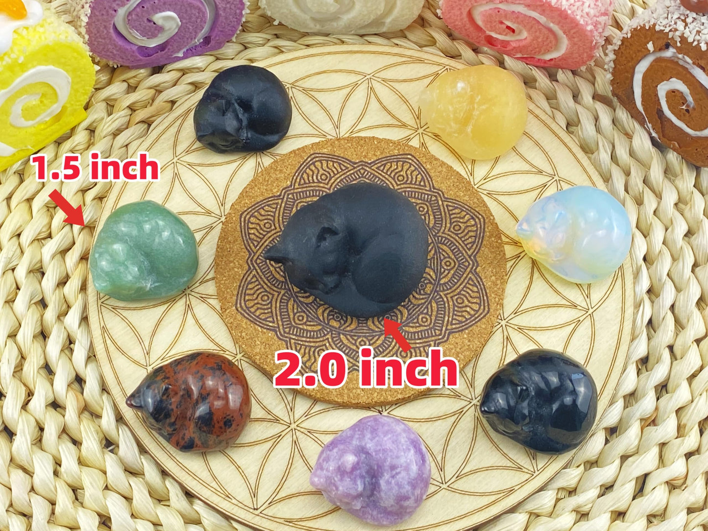YATOJUZI 2" Cat Decors Statue Black Obsidian Crystals Sleeping Cats Matte Gemstone Hand-Carved Cute Animal Statues Figurine Room Home Office Desk Decor Lucky Reiki Kitten Ornaments Gifts for Women Men