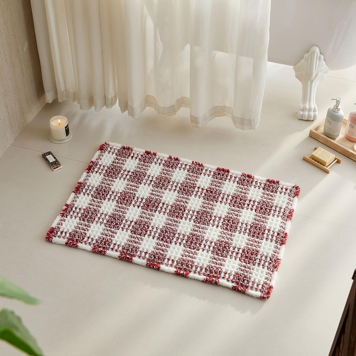 Waffle Bath Mat, Boho Christmas Bathroom Rugs Non Slip Washable Absorbent Checkered Bathroom Mat Quick Dry Cute Bath Mat, 24"x16" Red and White