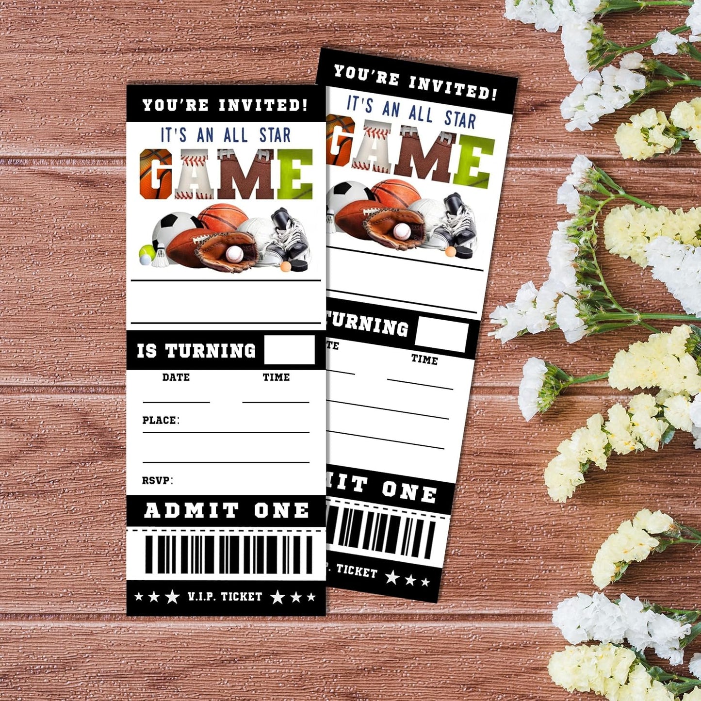 Sports Birthday Cards-20 Basketball Baseball Football Tennis Ticket Invite Cards-It's An All Star Birthday Invitation with Envelopes for Teens kids Adults-Party Favor & Supplies (3×8 inch)-A15