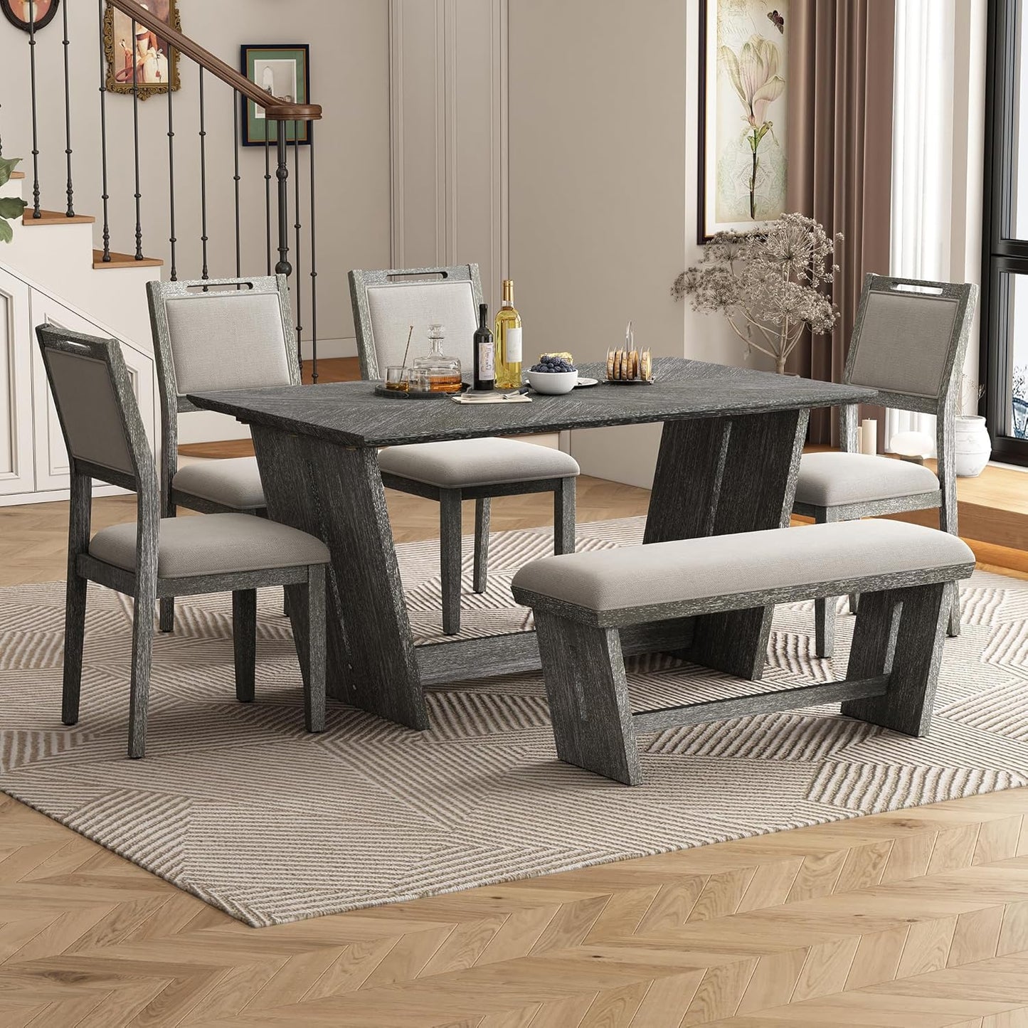 Merax 6-Piece Retro Dining Set, 1 Rectangular Table with Stable Trapezoidal Table Base and 4 Upholstered Chairs and 1 Bench for Dining Room and Kitchen, Antique Gray