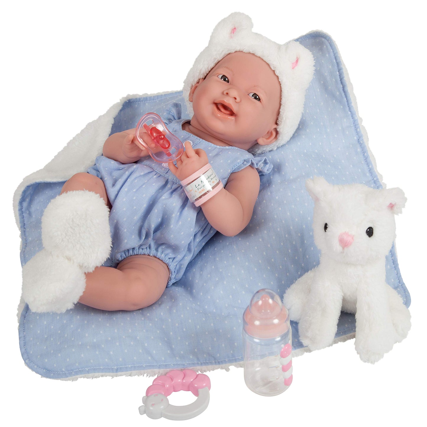 JC Toys La Newborn All-Vinyl-Anatomically Correct Real Girl 15" Baby Doll in Blue and Deluxe Accessories, Designed by Berenguer., Blue/White