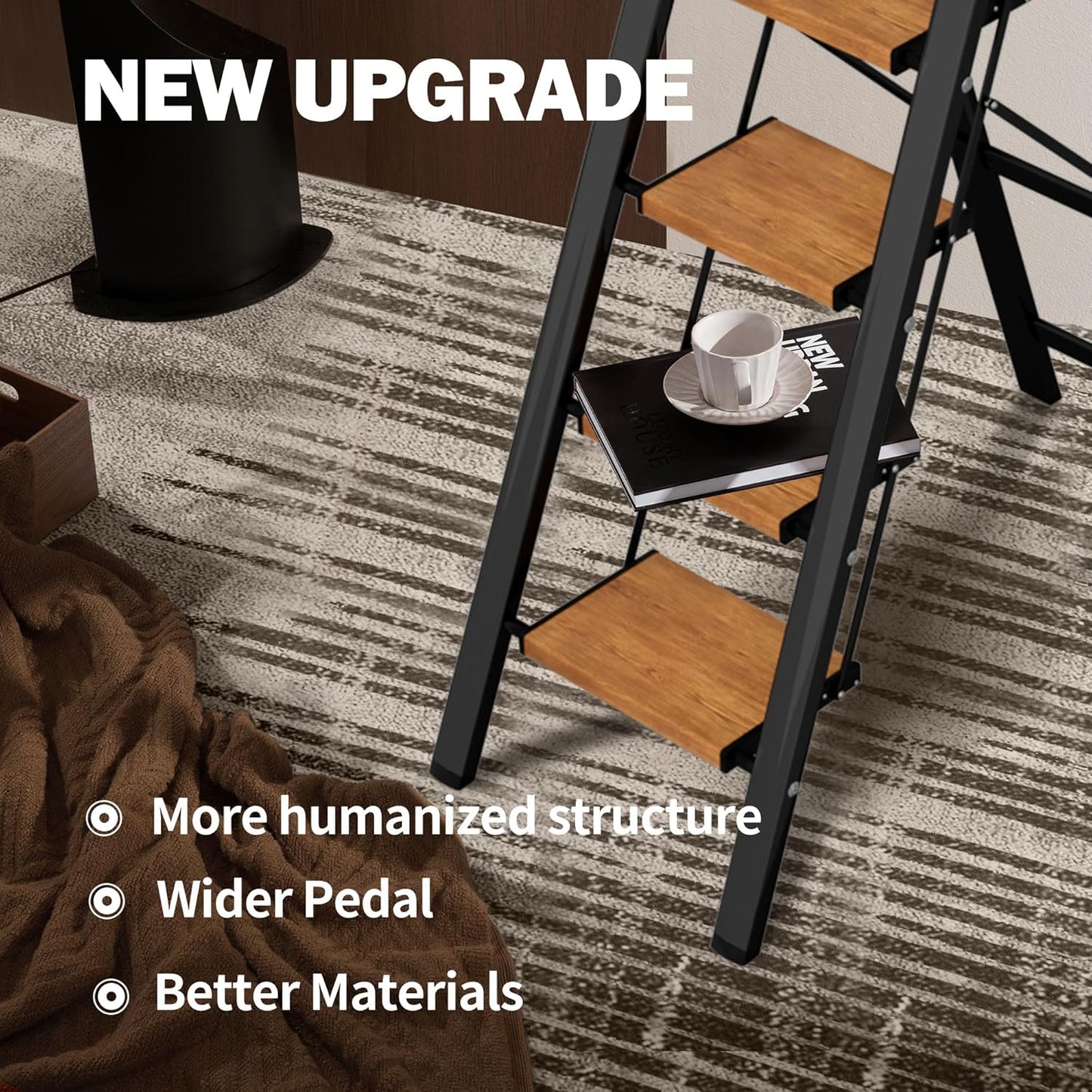 5 Step Ladder, Lightweight Folding Step Stool with Anti-Slip Aluminum Wide Pedal& Convenient Handgrip, 330lbs Capacity Steel Ladder for Household and Office (Black&Woodgrain)