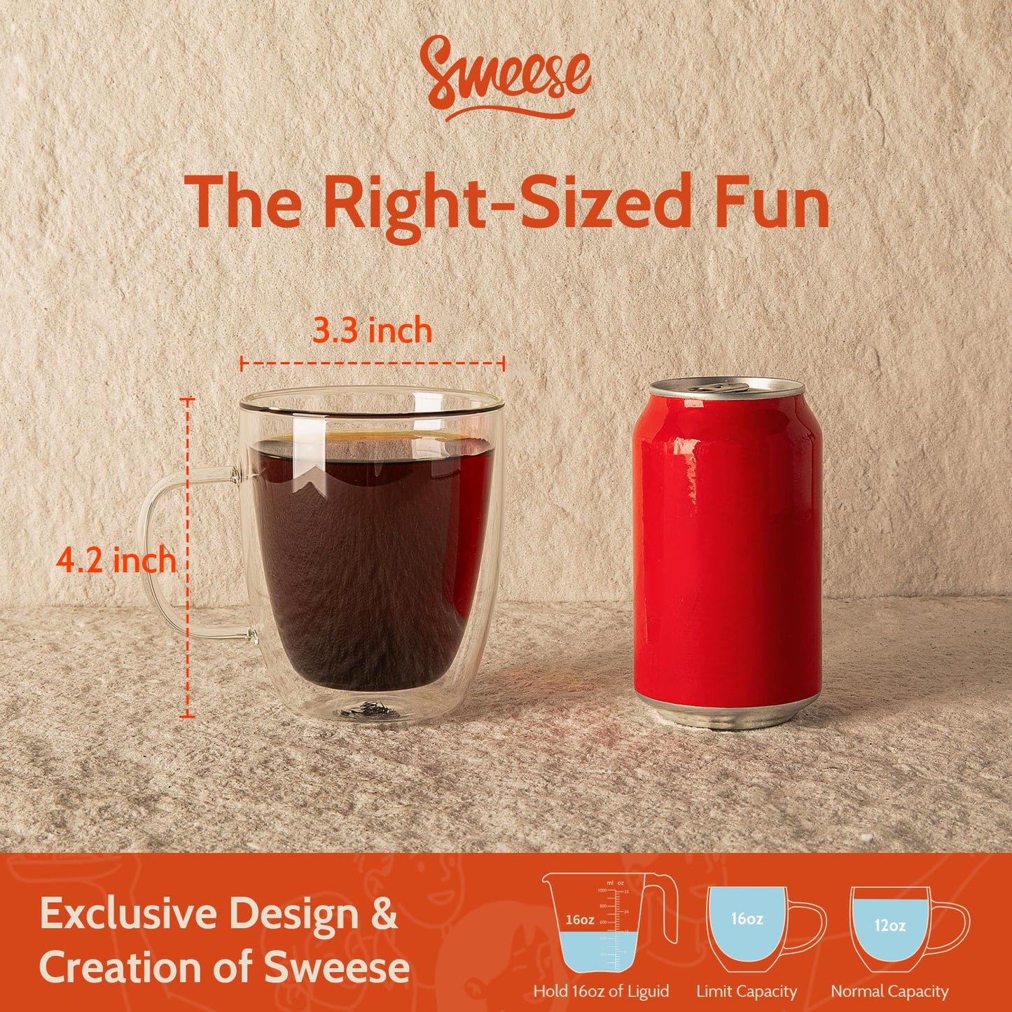 Sweese 12.5oz Borosilicate Glass Coffee Mugs Set of 4 - Double Walled, Clear Cups for Espresso, Latte, Tea