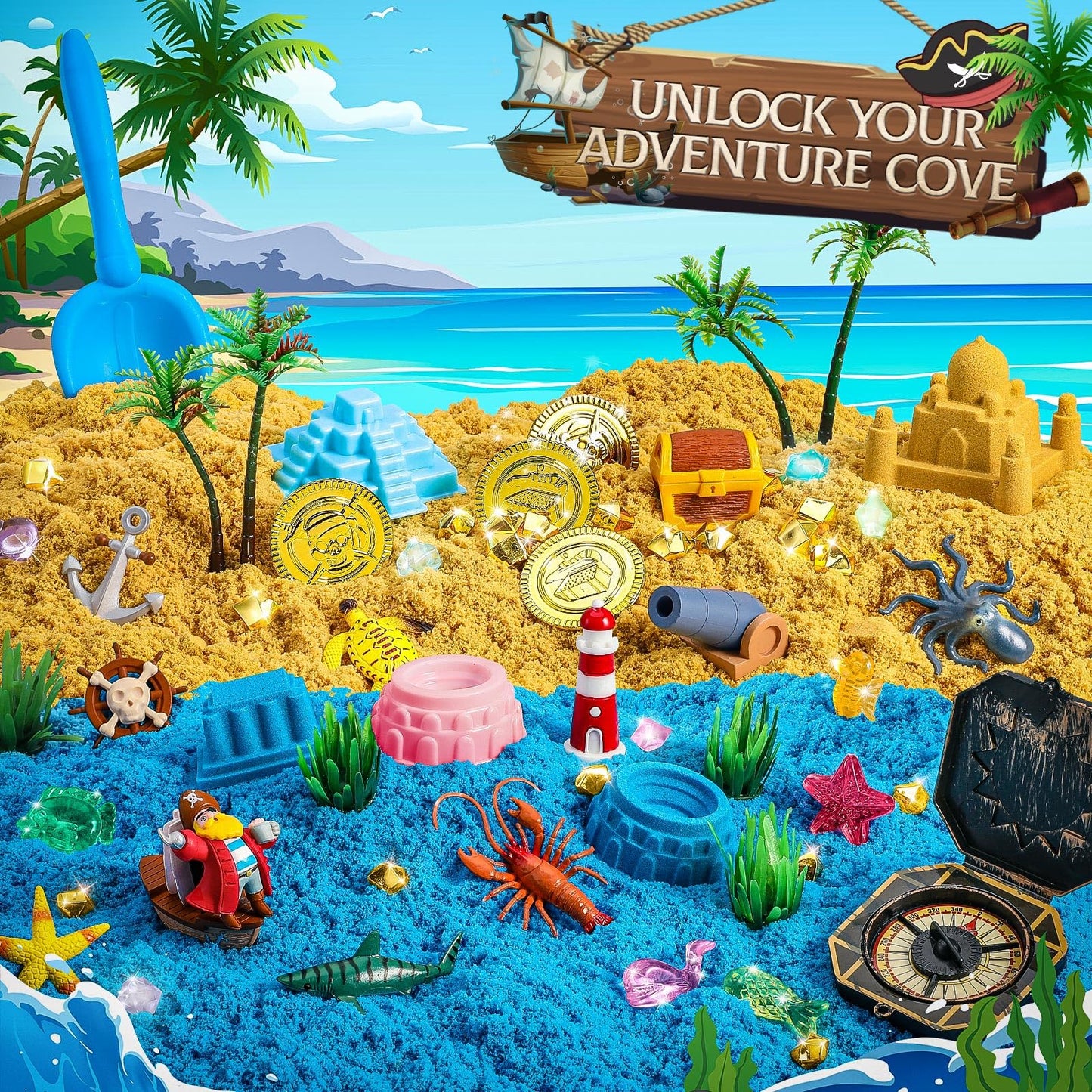 KNASON Pirate Treasure Chest Sensory Bin,Play Sand Kit for Boys with Pirate Accessories,2.2lbs Sand,Glow in The Dark Gems and Map,Pretend Play Adventure Sensory Toys for Toddlers Kids Ages 3 4 5 6 7 8