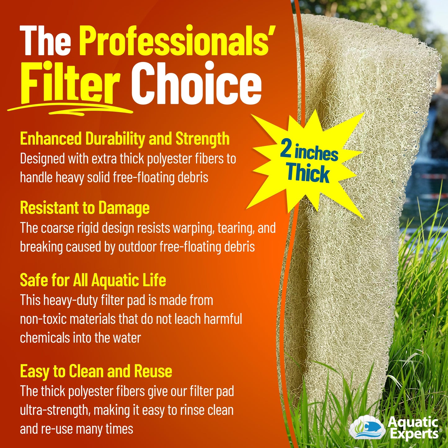 Aquatic Experts Cream COARSE Pond Filter Pad - 2 inch Thick - Bulk Roll Water Garden Filter Pond Media - Made in USA, (18 inch by 36 inch)