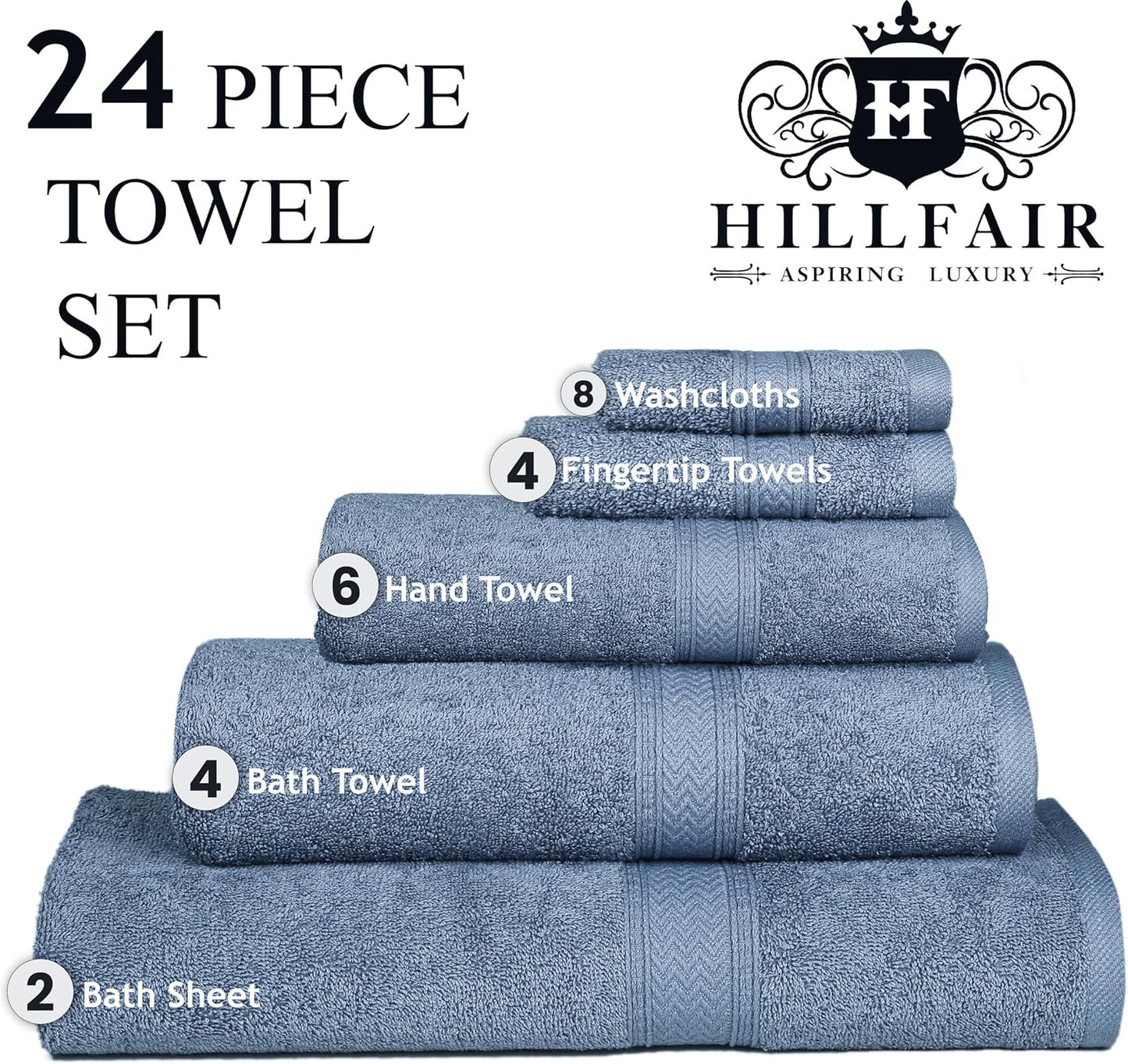 HILLFAIR 24 Piece Bath Towels Set for Bathroom- 100% Cotton 24 PC Bulk Pack Hotel Spa Towel Set- 2 XXL Oversized Big Towels, 4 Bath Towels, 6 Hand Towels, 4 Fingertip Towels, 8 Washcloths: Blue