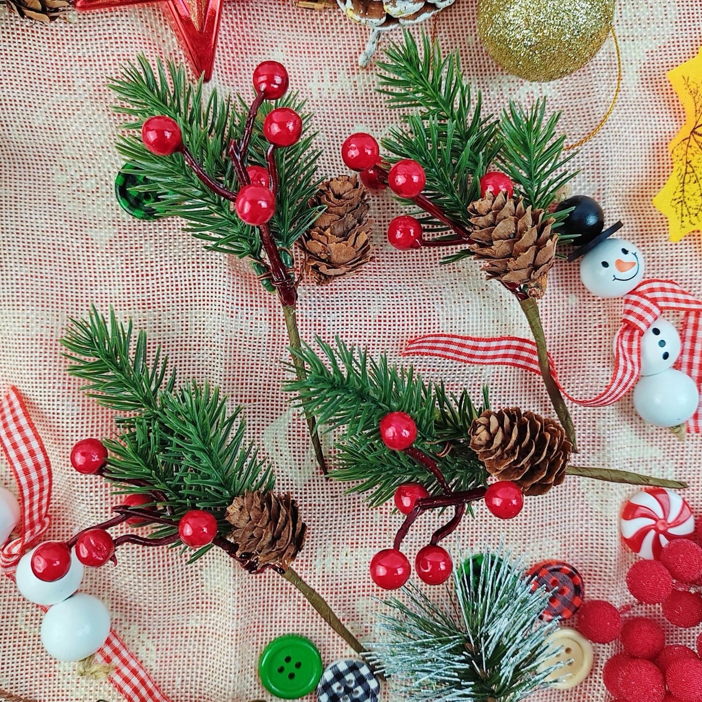 RONYOUNG 20PCS 5.7inch Christmas Berries Red Stems Pine Branches, Christmas Picks Artificial Pine Cones Holly Stem Craft Winter Holiday Floral Picks for Décor DIY Xmas Garland Wreath Ornament