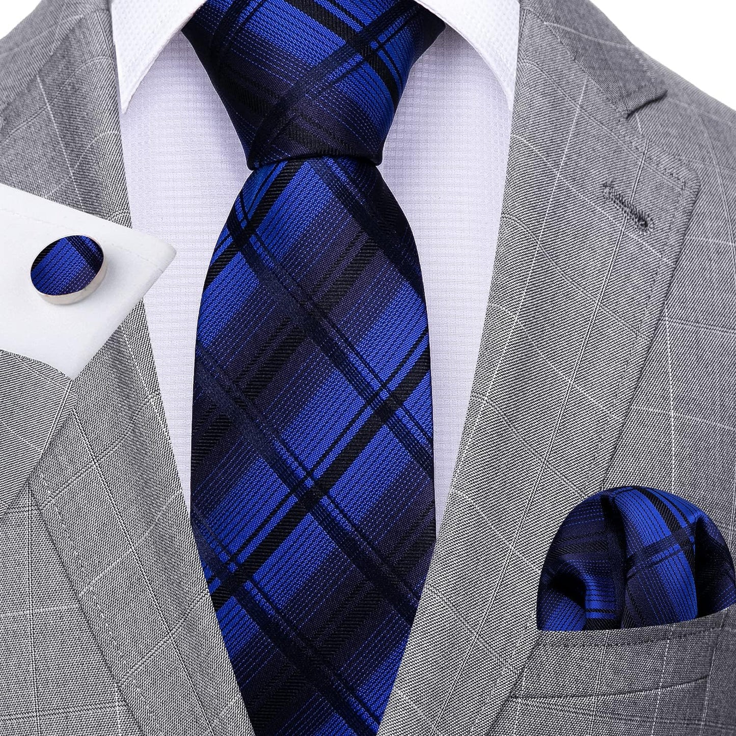 Barry.Wang Designer Classic Ties for Men Set Formal Pocket Square Cufflink Check Plaid