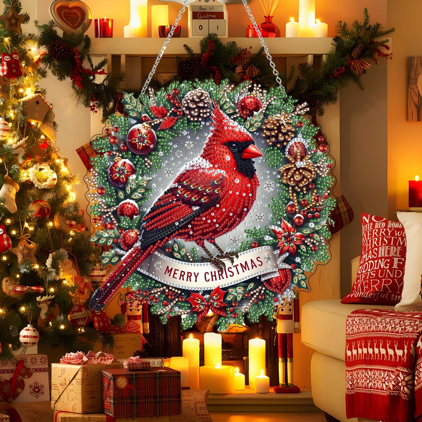 JJFox Diamond Art Hanging Kit for Adult,Special Shaped Rhinestone,DIY Acrylic 5D Diamond Art Painting Window Pendants Home Garden Wall Hanging Kits Hanging Ornament,Double Sided. (Christmas Cardinal)