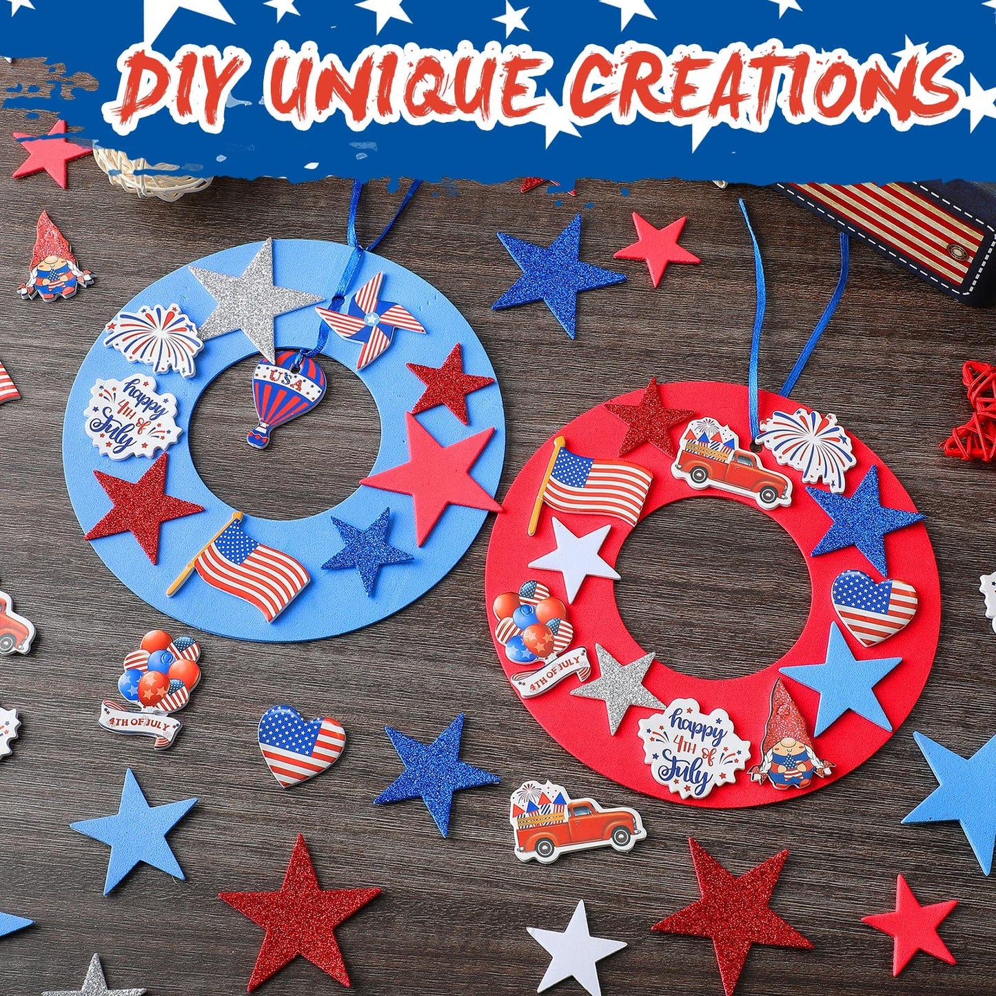 Woanger 324 Pcs 4th of July Wreath Decorations Flag USA Star Patriotic Signs Ornaments Foam Blue Red White Sticker Star Independence Day Craft Gift Favor Home Door Art Wall Decor Kit