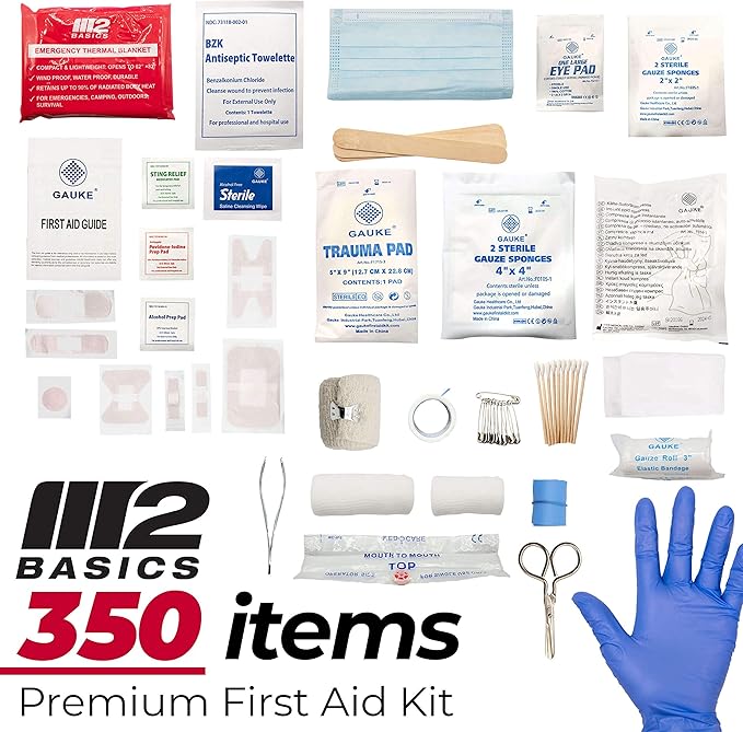M2 BASICS Professional 350-Piece Emergency First Aid Kit for Home, Business, Car, Vehicle & Office – Organized Dual-Layer Hard Case, Wall-Mountable Medical Supply Organizer, OSHA Workplace Safety