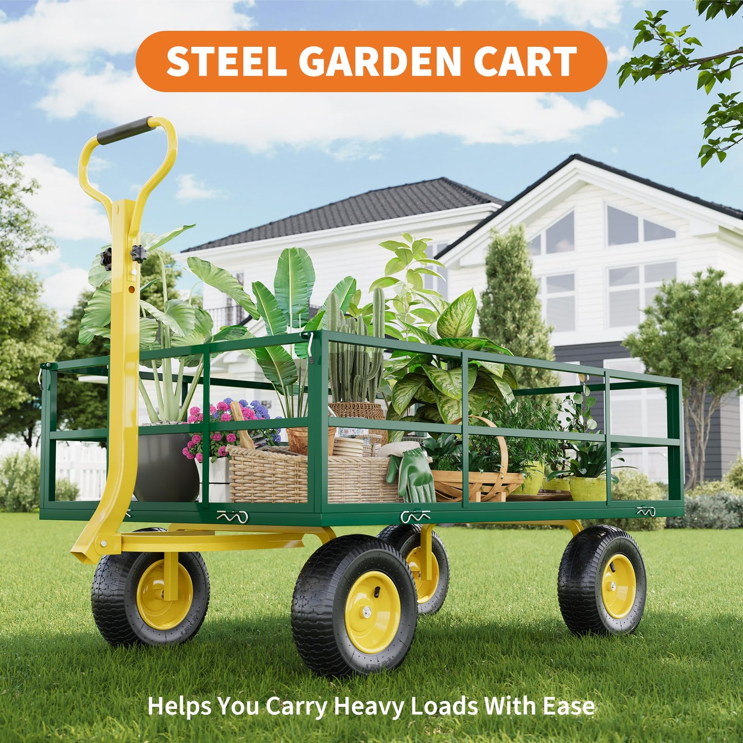 3-in-1 Heavy-Duty Steel Garden Cart, 1200 Lbs Garden Wagon, with 13 Inch All-Terrain Tires and Removable Mesh Side Panels, 180° Rotating Handle, Metal Utility Yard Trailer, Outdoor Gardens Wagon Cart
