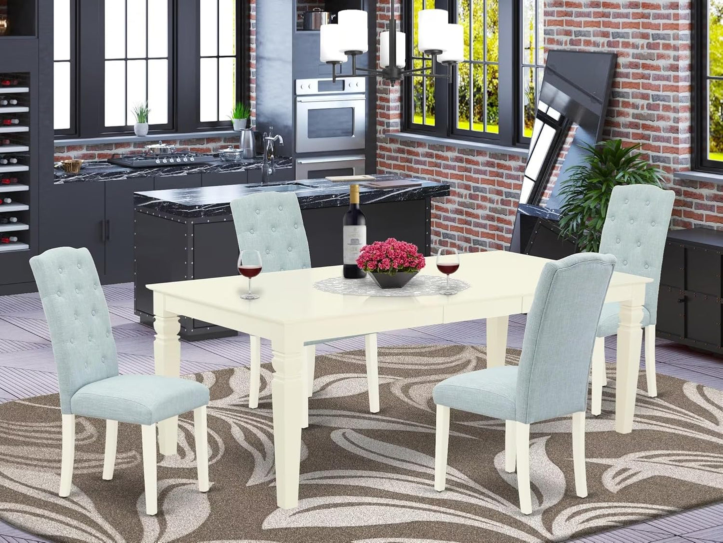 East West Furniture LGCE5-LWH-15 5 Piece Kitchen Table Set for 4 Includes a Rectangle Butterfly Leaf Dining Table and 4 Baby Blue Linen Fabric Upholstered Chairs, 42x84 Inch, Linen White