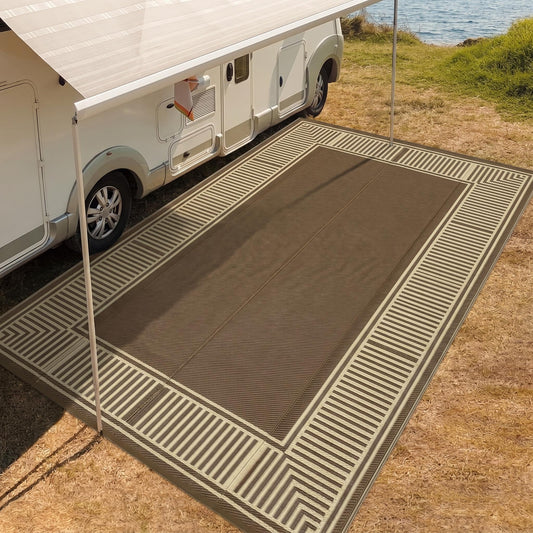 IDEALHOUSE Outdoor Rug 9'x18' Reversible Portable Lightweight Waterproof UV Resistant Plastic Straw Patio Mat for RV Camping Picnic Deck Backyard Peony Brown