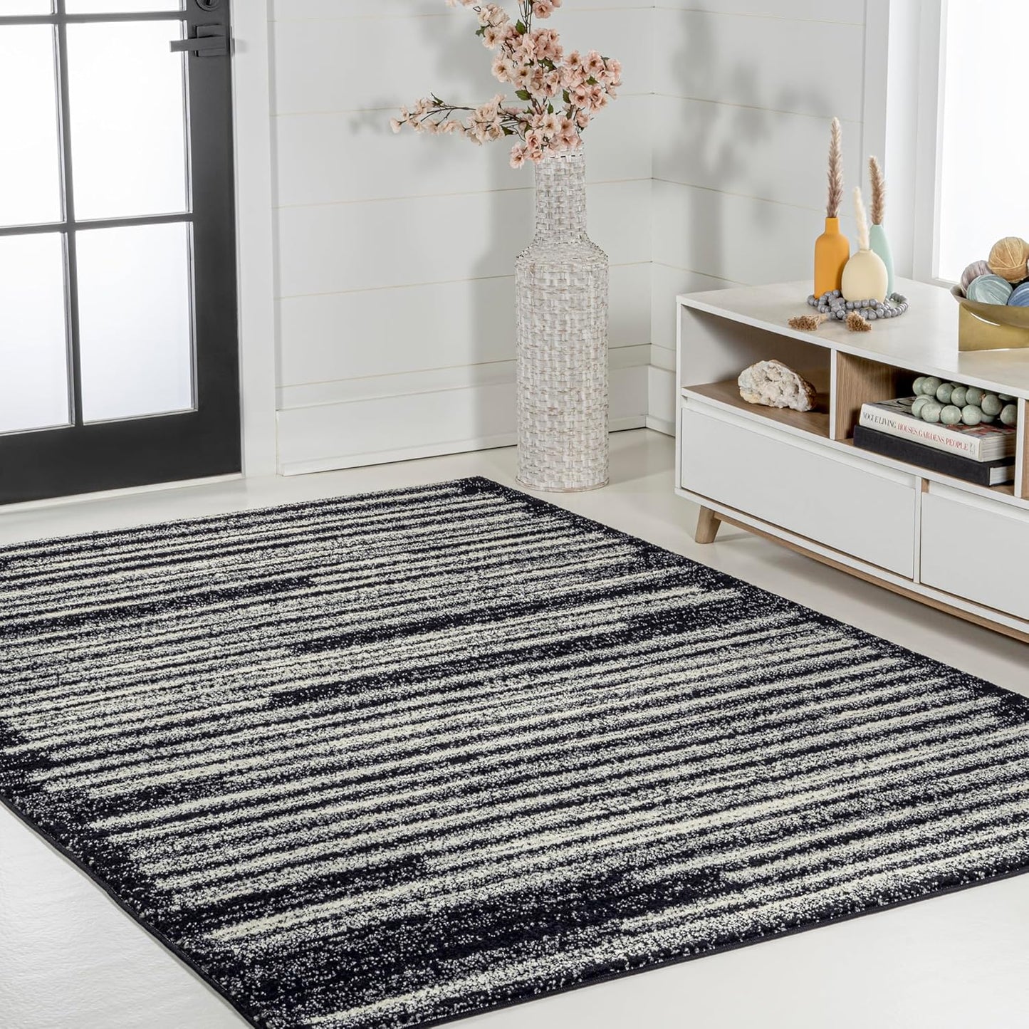 JONATHAN Y Khalil Modern Berber Stripe Black/Cream Indoor Area Rug, 8x10, Contemporary, Bohemian, Easy-Cleaning for Living Room, Bedroom, Kitchen, Pet Friendly, Non-Shedding (MOH207F-8)