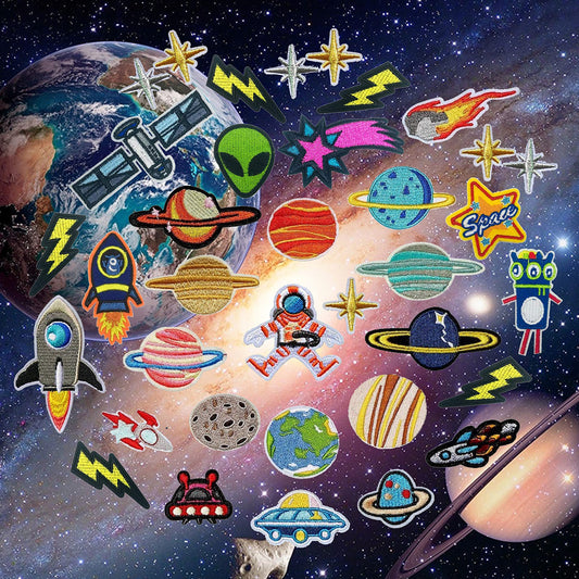 CDzyzh Iron On Patches,Solar System Space Planets Embroidered Applique Kit Assorted Size Decoration Sew On Patches for Clothing, Jackets,Backpacks,Jeans(Space-36Pcs)