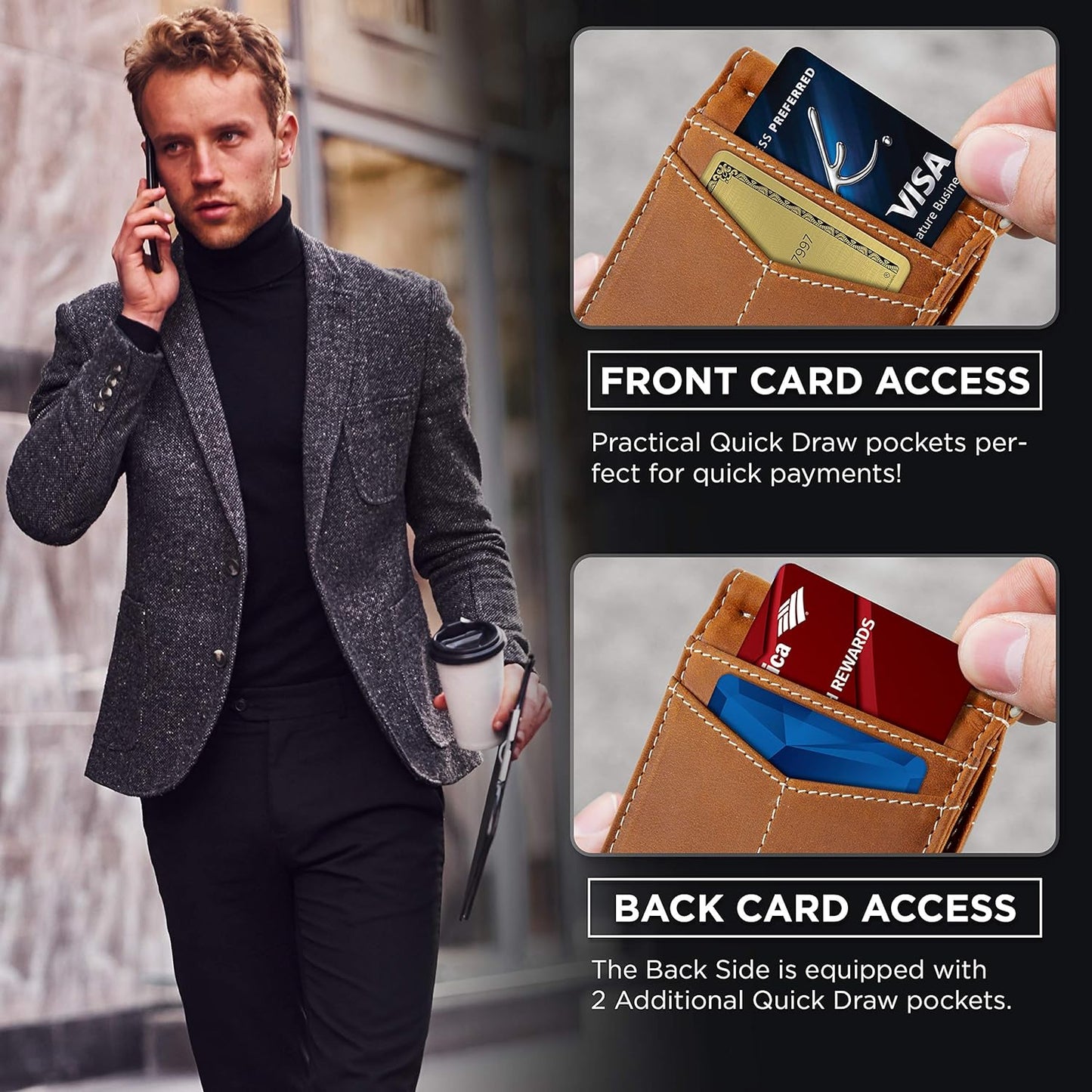 SERMAN BRANDS RFID Blocking Wallet Slim Bifold - Genuine Leather Minimalist Front Pocket Wallets for Men with Money Clip Gift