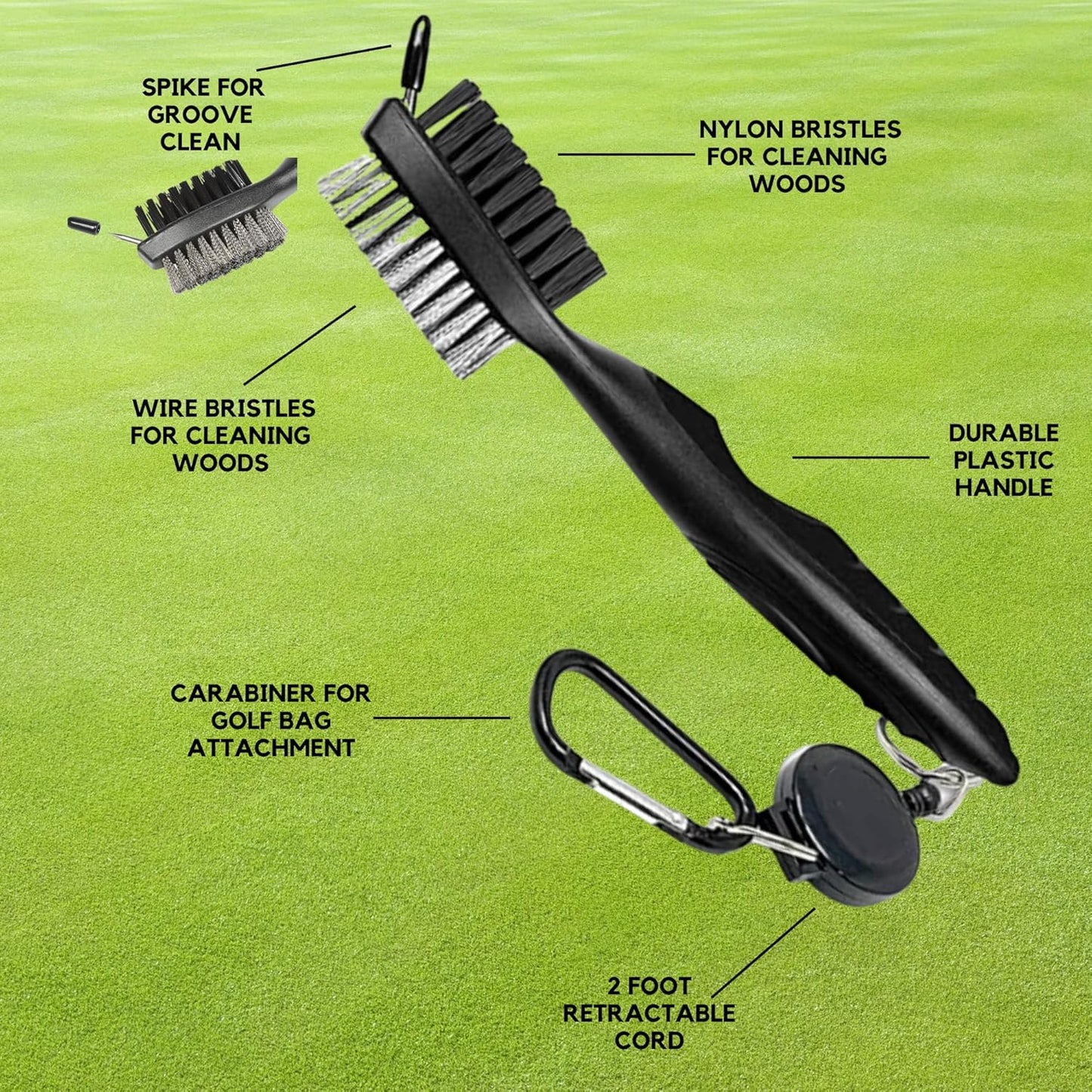 Golf Brush (2 Pack) - Cord and Clip Attachment for Bags and Carts, Club Cleaner Ideal for Woods and Irons - Golf Accesories for Men and Women