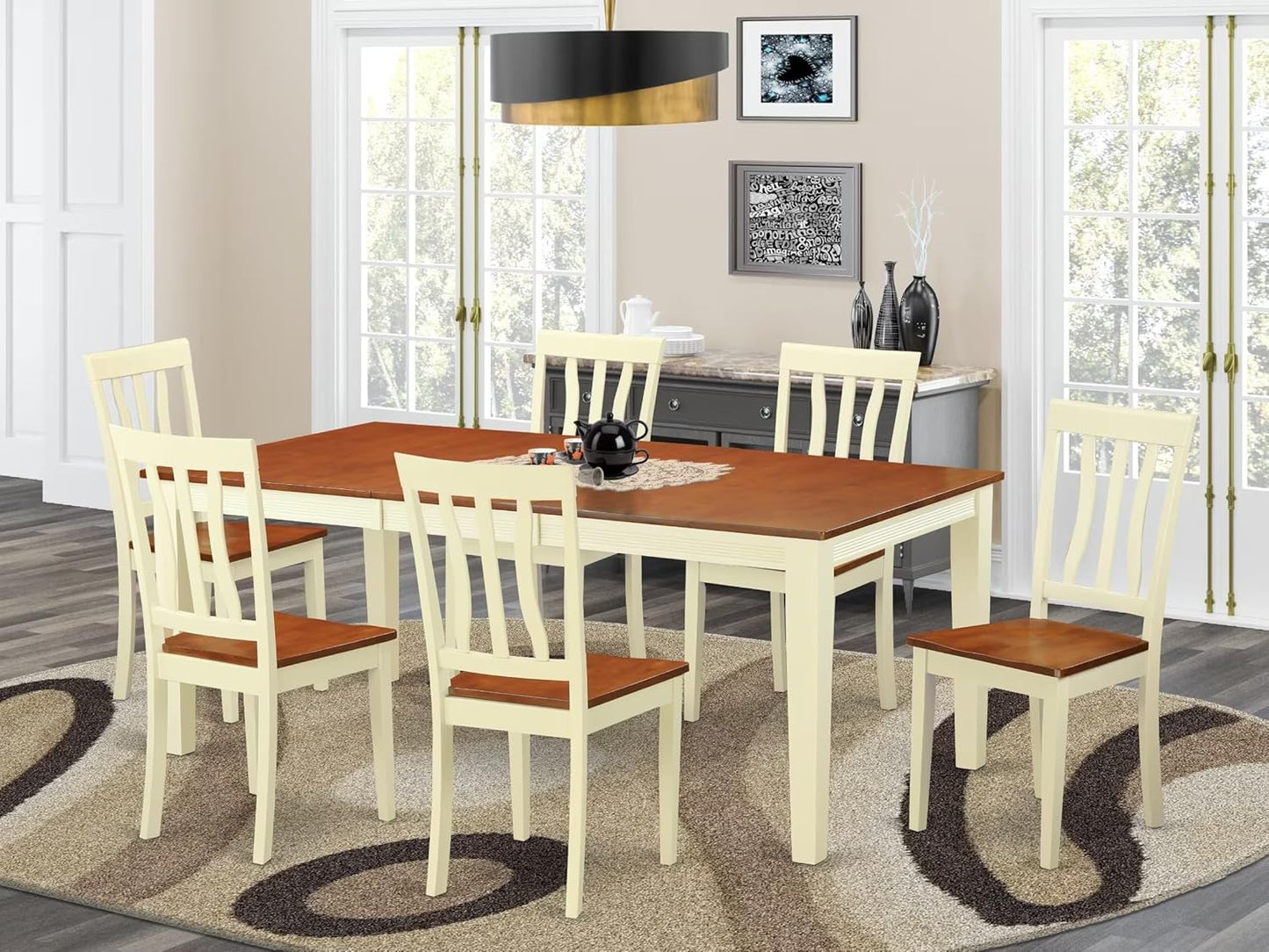 East West Furniture QUAN7-WHI-W 7 Piece Dining Table Set Consist of a Rectangle Dinner Table with Butterfly Leaf and 6 Dining Room Chairs, 40x78 Inch, Buttermilk & Cherry