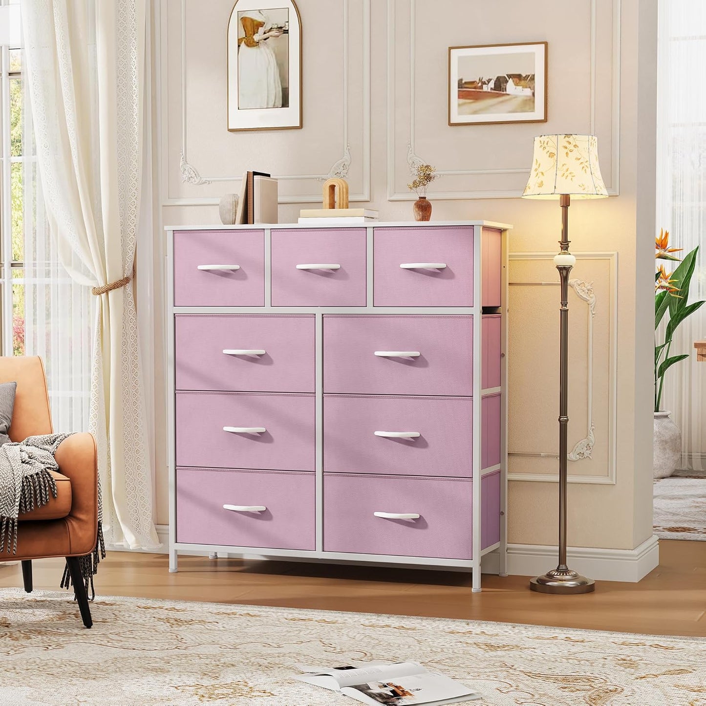 DWVO Dresser with 9 Drawers - Fabric Storage Tower, Organizer Unit for Living Room, Hallway - Sturdy Steel Frame, Wooden Top & Easy Pull Fabric Bins