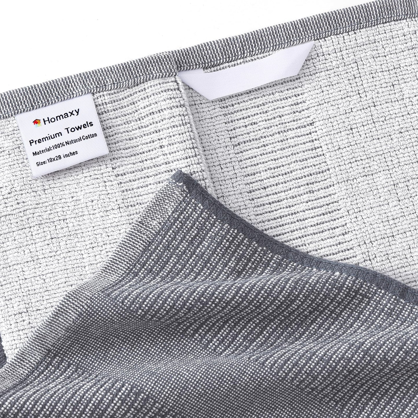 Homaxy Premium Kitchen Towels(18”x 28”, 6 Pack), Large Cotton Kitchen Hand Towels, Flat and Terry Dish Towels, 380 GSM Highly Absorbent Tea Towel Set with Hanging Loop, Grey