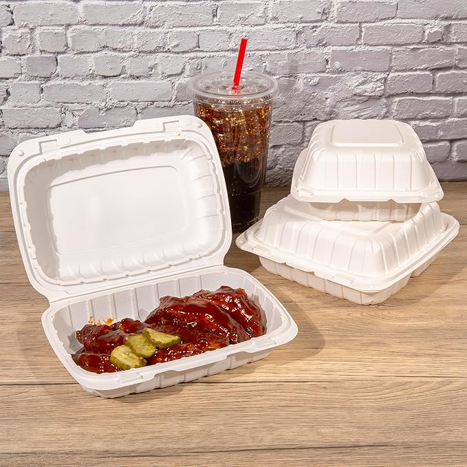 CIAO! 9"x6"x3" MFPP White Hinged Container With Lid 1 Compartment (Case of 200)