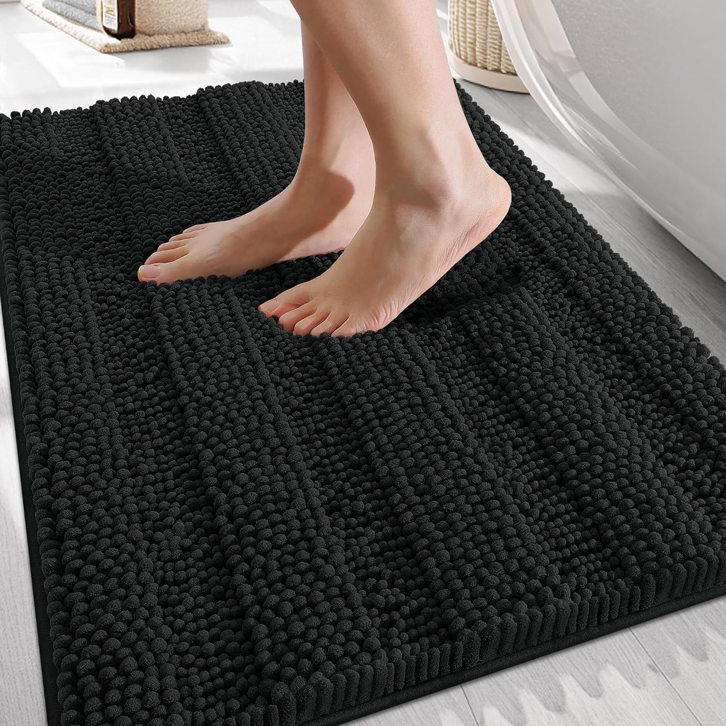 OLANLY Thick Bathroom Rugs 30x20, Extra Soft Absorbent Chenille Striped Bath Rugs, Rubber Backing, Machine Wash Dry, Bath Mats for Bathroom Floor, Tub and Shower, Home Decor Accessories, Black