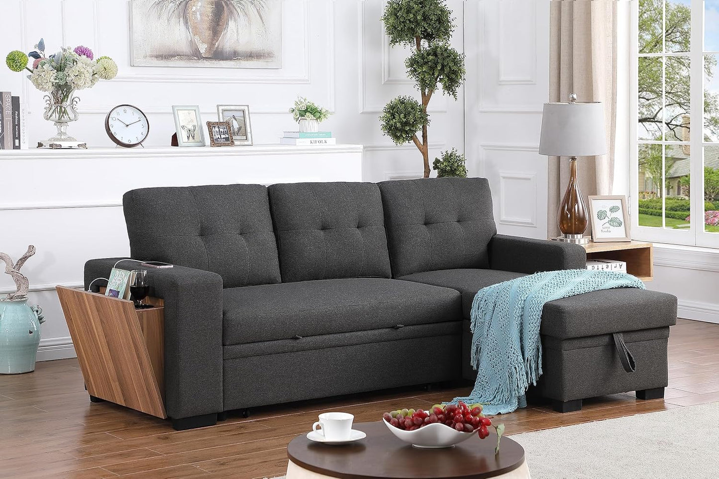 Devion Furniture Garisa 4-in-1 Convertible L Shaped Couch with Pull Out Bed and Storage, Sectional Sleeper Sofa with Reversible Chaise for Living Room, Apartment, Bedroom, Office