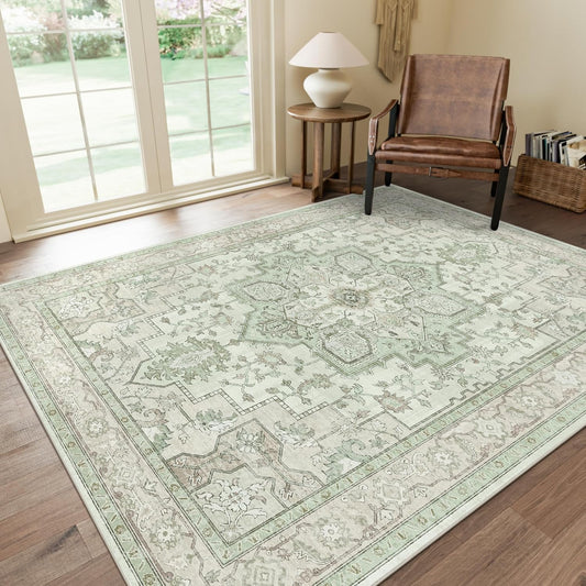 GENIMO 6x9 Area Rugs for Living Room, Machine Washable Non Slip Vintage Rugs, Low Pile Lightweight Chenille Print Rug for Bedroom, Dining Room, Home Office, Oat Light