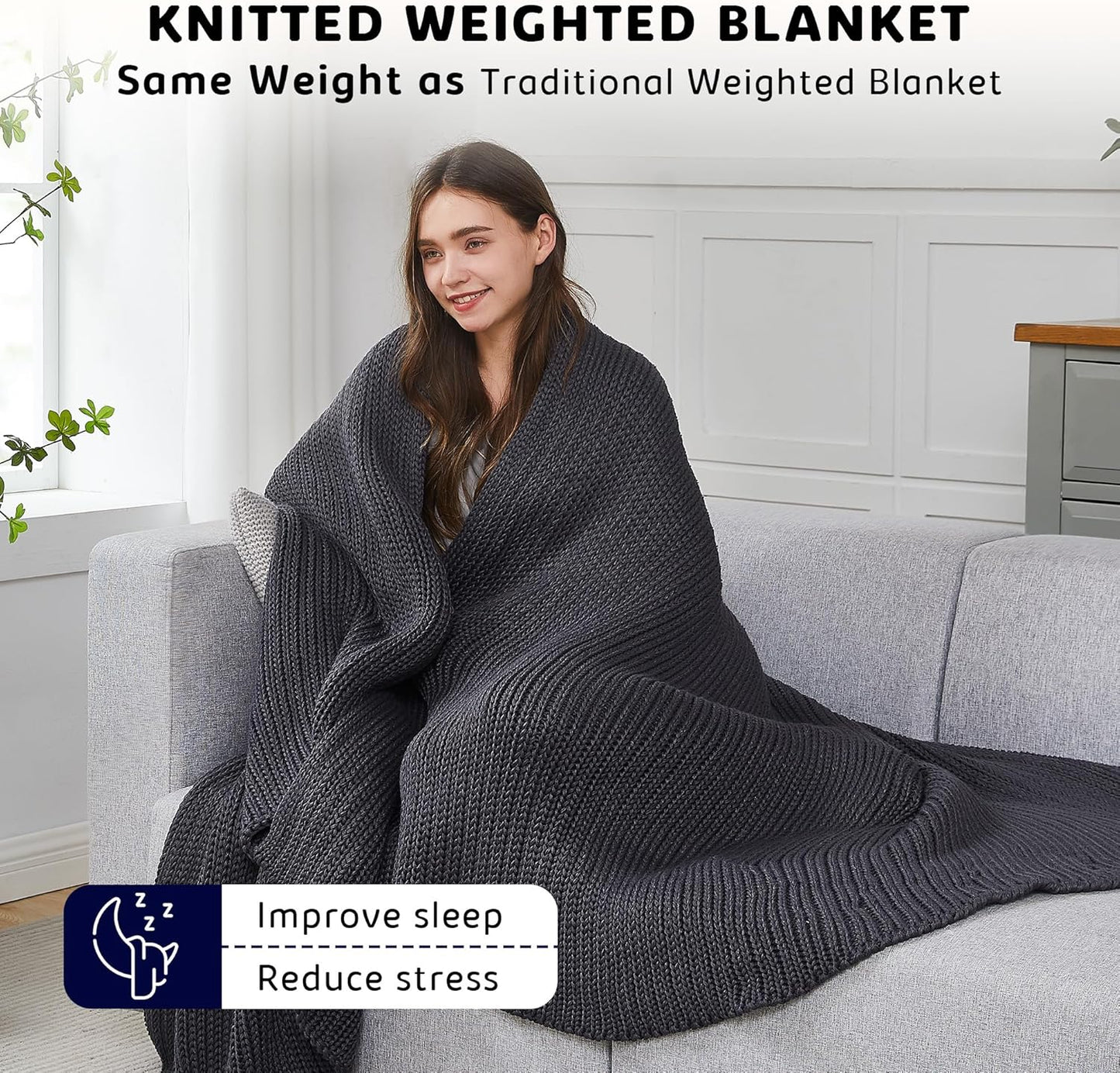 L'AGRATY Knitted Weighted Blanket - 48"x72" 12lbs Cooling Chunky Knit Heavy Blanket for Adults Braided Crochet Throw Thick Cable Yarn Knit Decorative No Beads Evenly Weighted Machine Washable