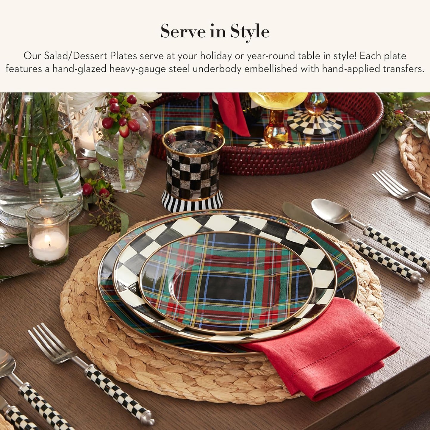MACKENZIE-CHILDS Enamel Salad and Dessert Plate, Small Plate for a Dessert or Appetizer Dish, 8 Inches, Black Tartan