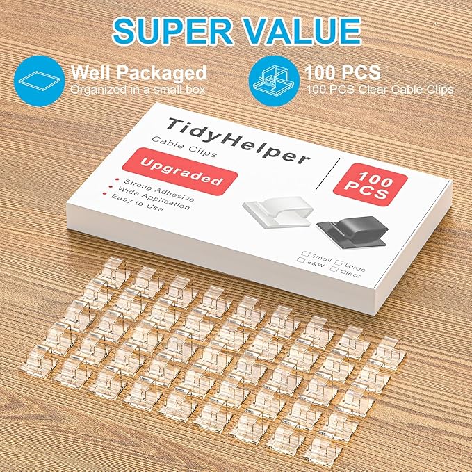 100 PCS Cable Clips (Clear, Large), Adhesive Wire Cord Clips for Wall, Wire Holders Cord Organizer for Cable Management, Christmas Light Clips for Outsoor String Lights, Car Dash Cam, Ethernet Cable
