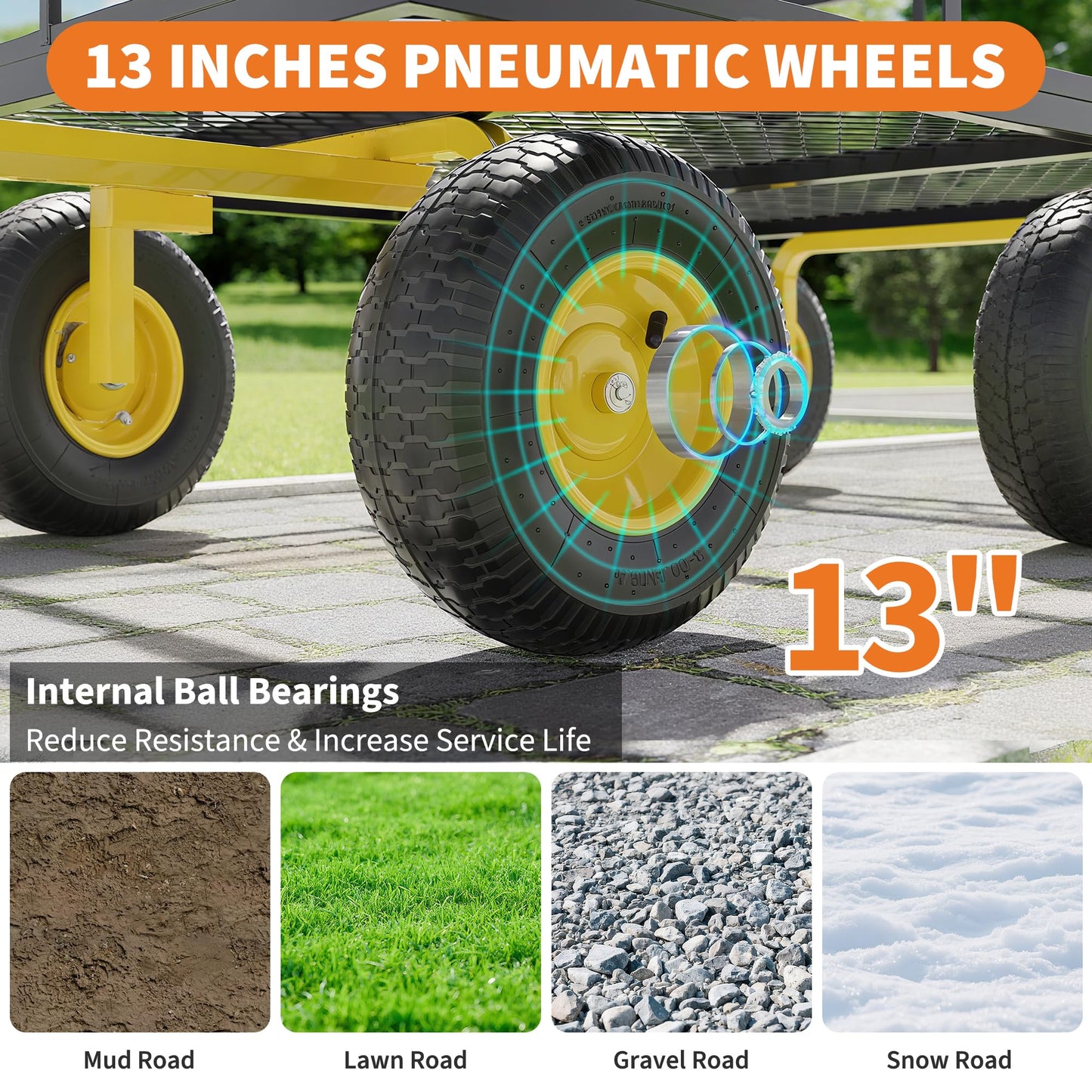 3-in-1 Heavy-Duty Steel Garden Cart, 1200 Lbs Garden Wagon, with 13 Inch All-Terrain Tires and Removable Mesh Side Panels, 180° Rotating Handle, Metal Utility Yard Trailer, Outdoor Gardens Wagon Cart