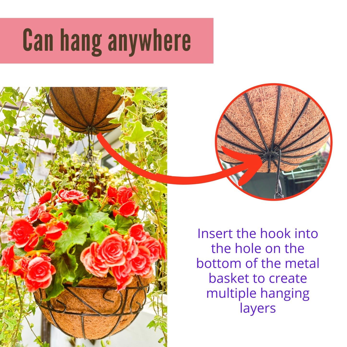 LaLaGreen Hanging Planter for Outdoor Plants (14 Inch, 2 Pack) Black Hanging Baskets with Coco Liner, Metal Wire Flower Basket Pots with Hook Hanger Balcony Porch Farmhouse Country Style Garden Decor