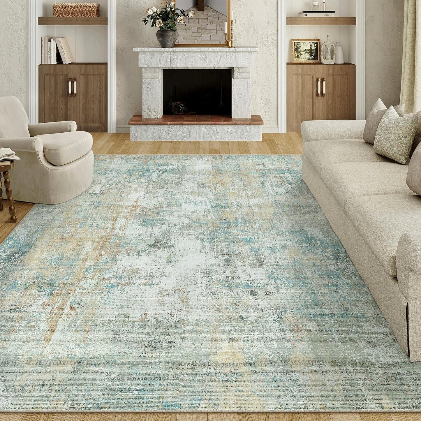 8x10 Washable Area Rug Teal Beige Modern Neutral Abstract Living Room Bedroom Indoor Floor Carpet Low Pile Soft Non-Slip Lightweight Vacuumable Large Throw Rug for Nursery Dining Room