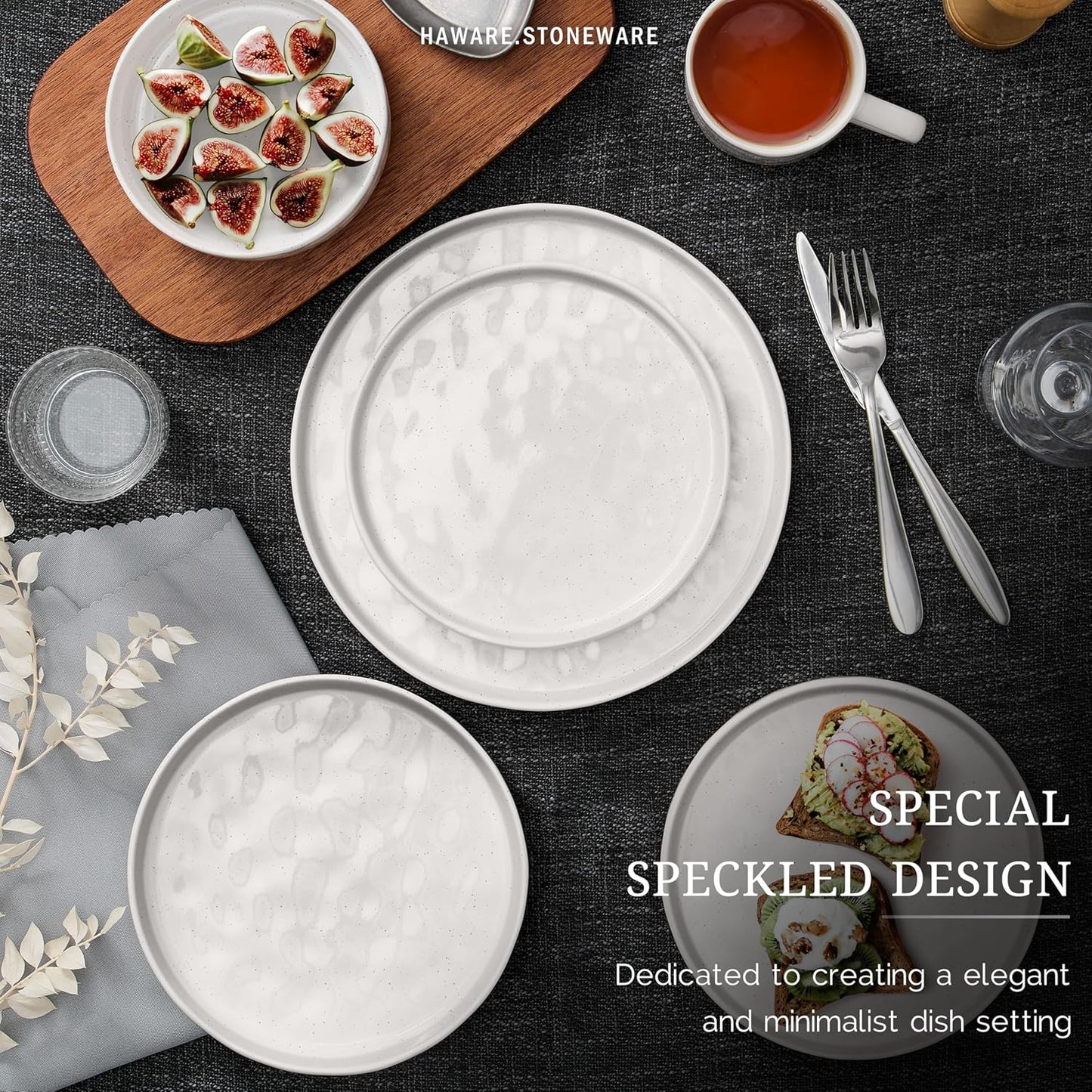 HaWare Dinnerware Sets, 6-Piece Plates and Bowls Set, Stoneware Dish Set for 2, Ceramic Dinnerware for Home Restaurant, Chip and Scratch Resistant, Microwave and Dishwasher Safe, Speckled White
