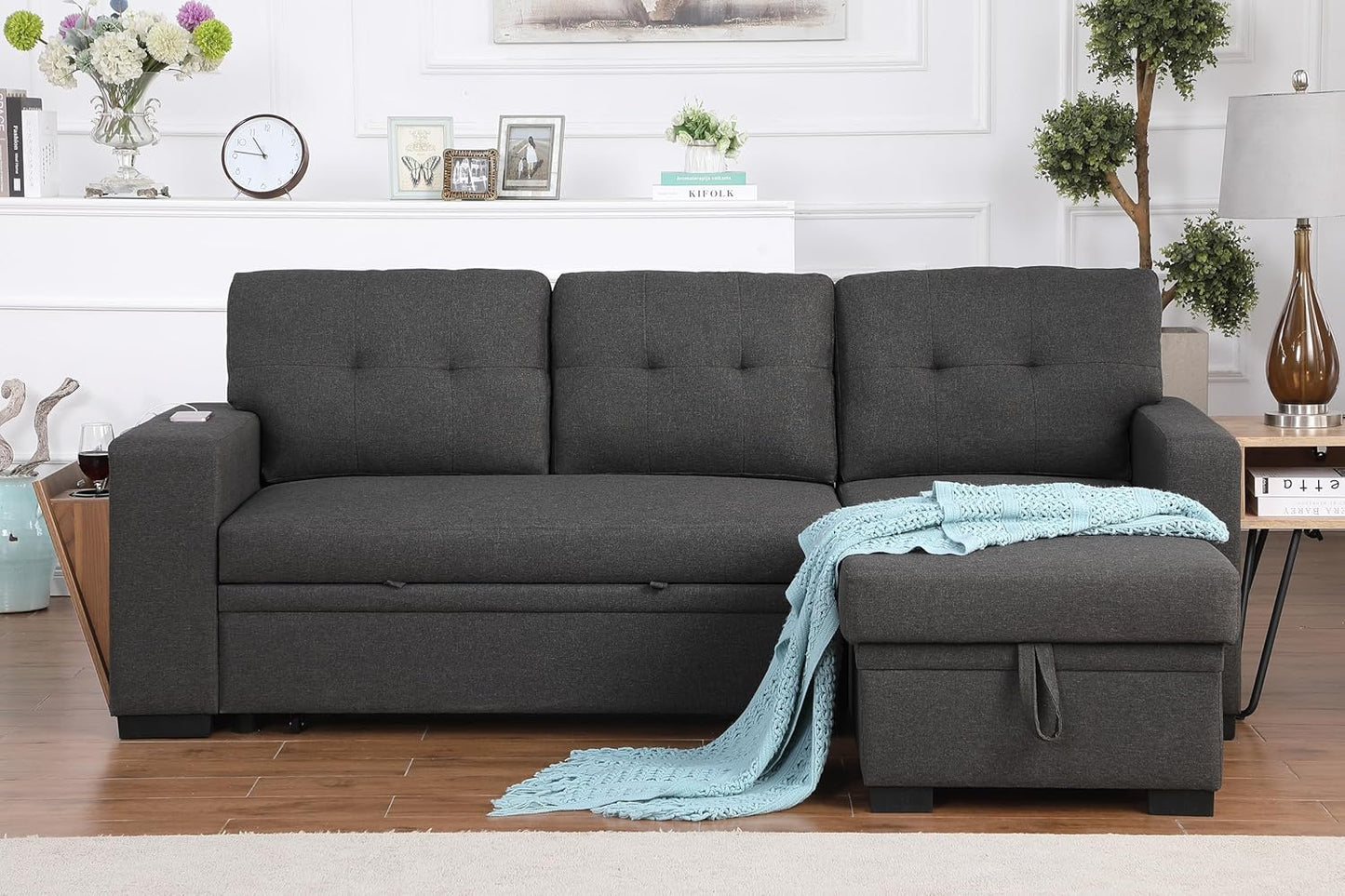 Devion Furniture Philly 4-in-1 Convertible L Shaped Couch with Pull Out Bed and Storage, Sectional Sleeper Sofa with Reversible Chaise for Living Room, Apartment, Bedroom, Office