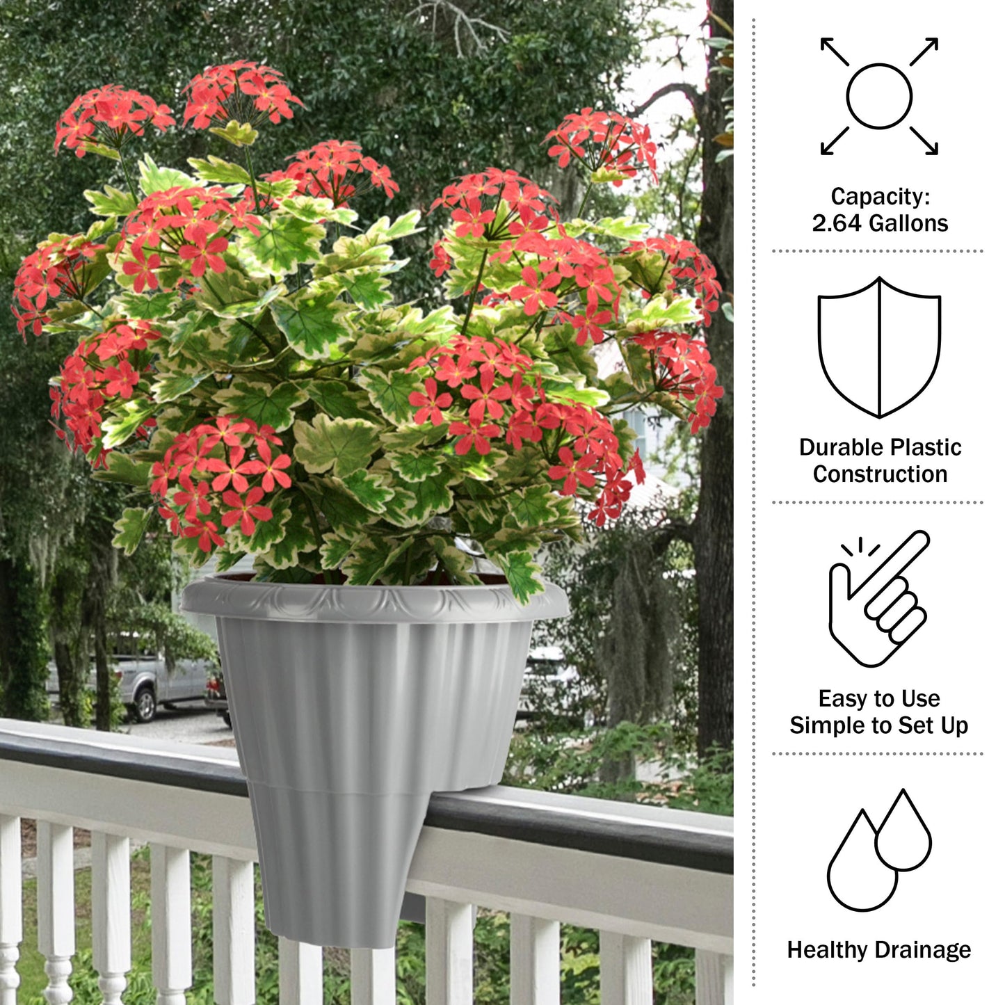 Railing Planter Box 2-Pack - 13.5-Inch Round Outdoor Flower Pots with Drainage Inserts - 2.64-Gallon Outdoor Planters for Porch, Deck, Fence, or Balcony Railings 3” - 3.75” Wide by Pure Garden (Gray)